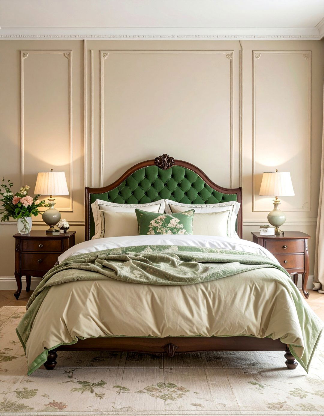 A Traditional Bedroom with Green Toile and Beige Walls - 30 Green and Beige Bedroom Ideas for Serenity