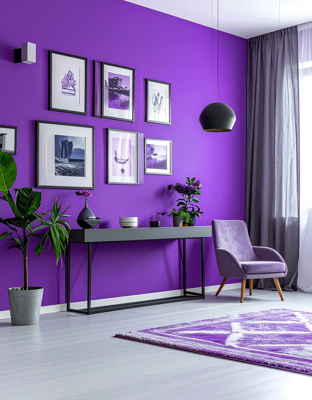 A Vibrant Violet Gallery Wall - 25 Purple Living Room Ideas for a Luxurious Vibe