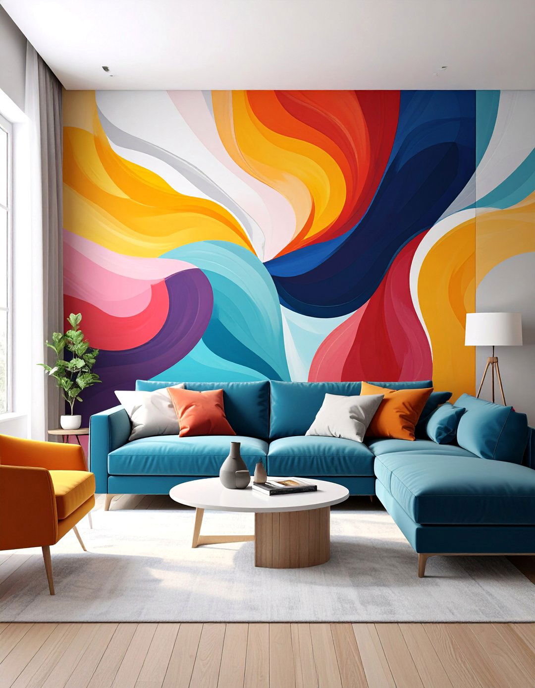 Abstract Painted Mural - 30 Living Room Accent Wall Ideas to Add Personality
