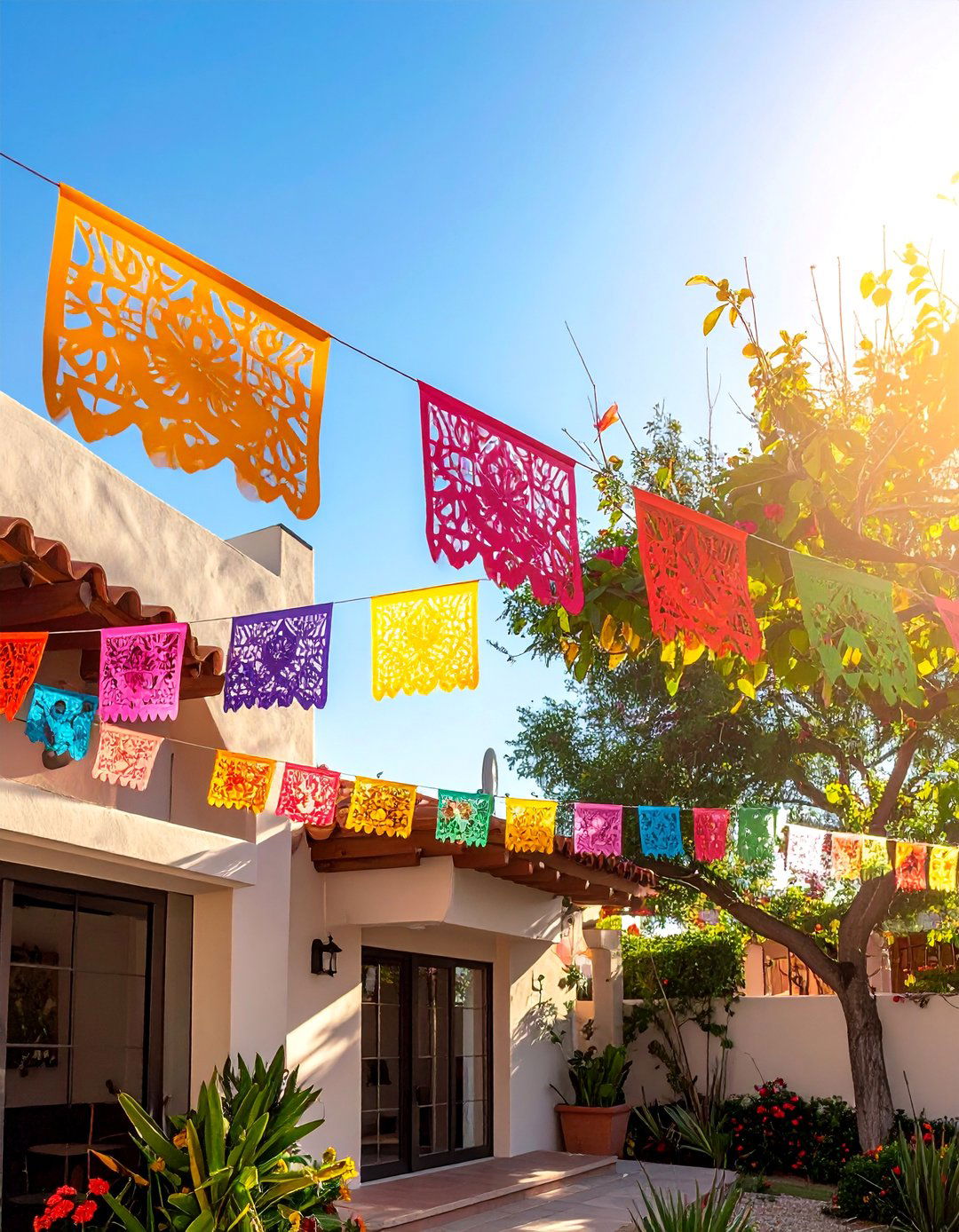 Adding Papel Picado Banners in a Mexican Garden - 25 Mexican Garden Ideas for a Vibrant Outdoor Space