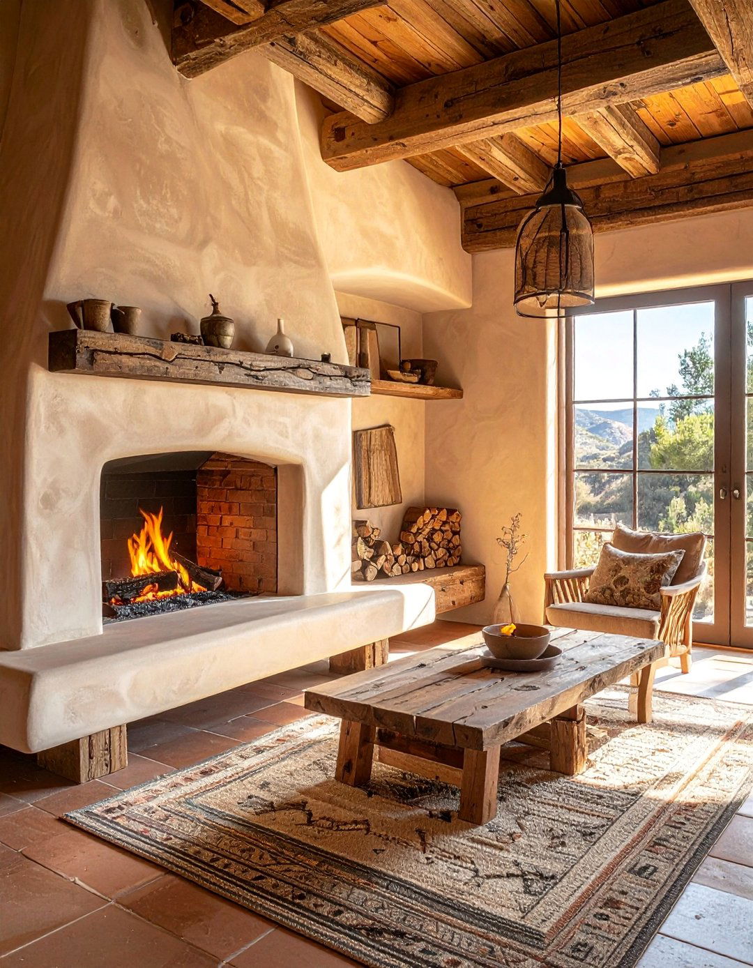 Adobe and Wood Combination Fireplace - 25 Spanish Style Fireplace Ideas for a Warm Ambiance