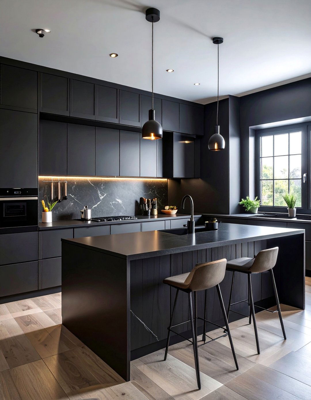 All Black Kitchen with Layered Textural Finishes - 40 Black Kitchen Ideas for a Sleek and Sophisticated Look
