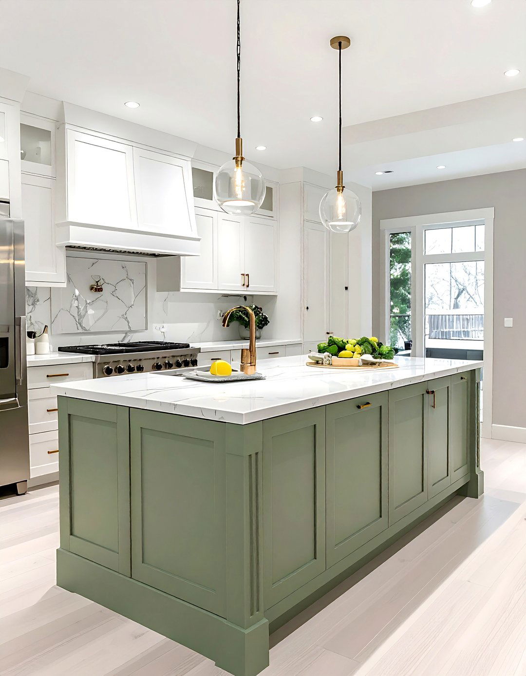 All White Kitchen with a Sage Green Island - 25 Sage Green and White Kitchen Ideas for Timeless Style