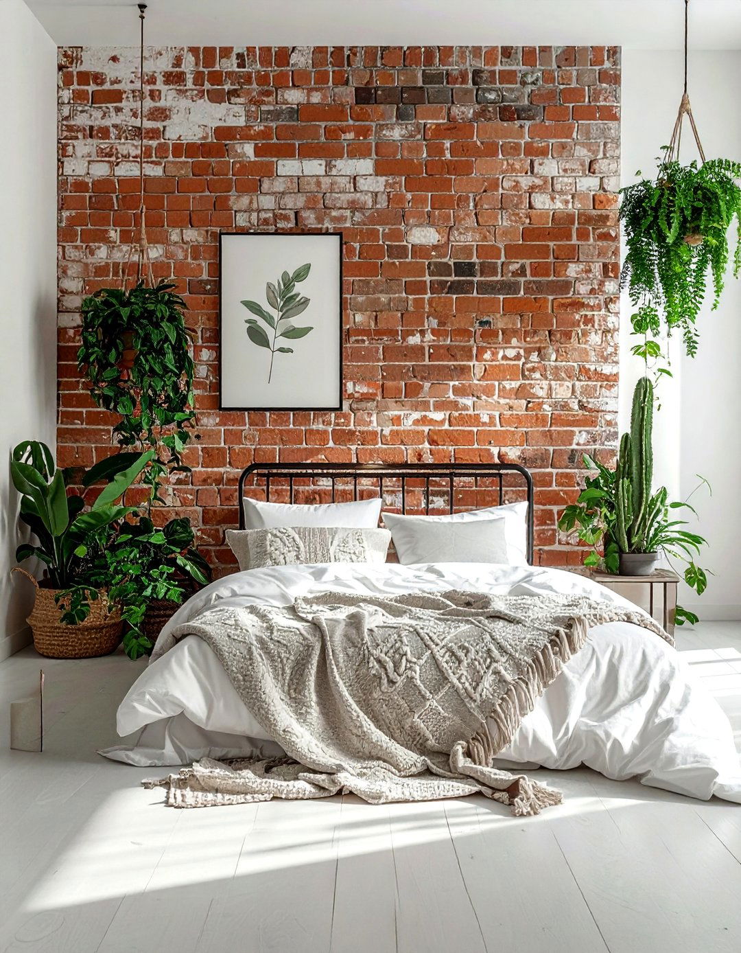 An Exposed Brick Wall Feature in a Boho Bedroom