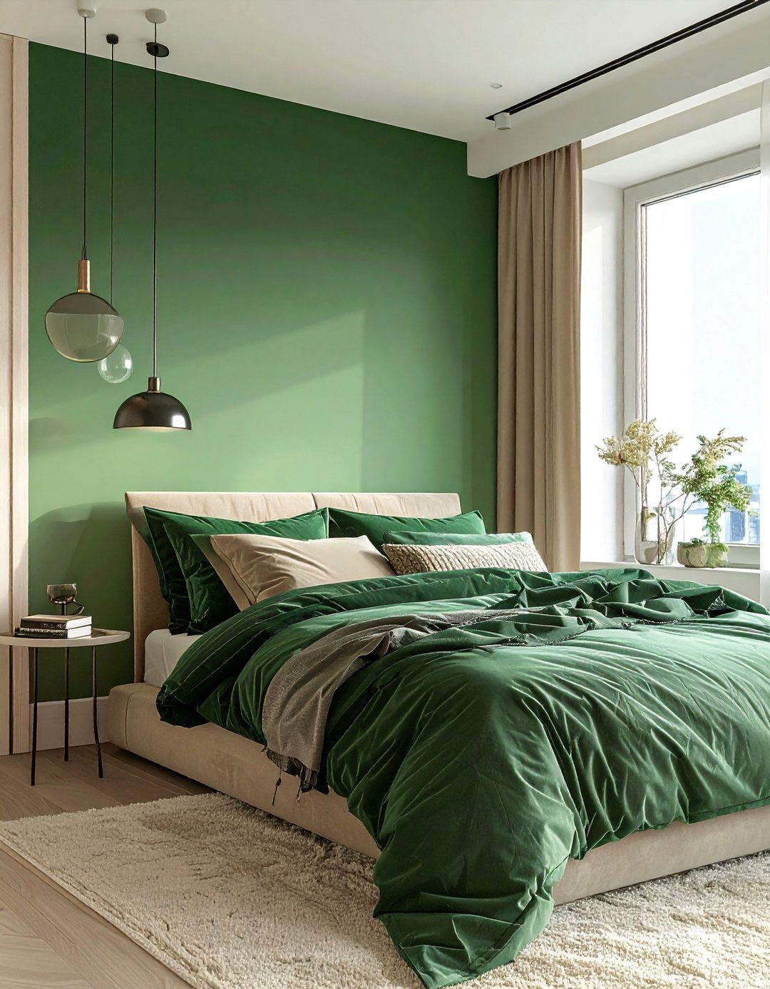 An Ombre Green Wall with Beige Flooring - 30 Green and Beige Bedroom Ideas for Serenity