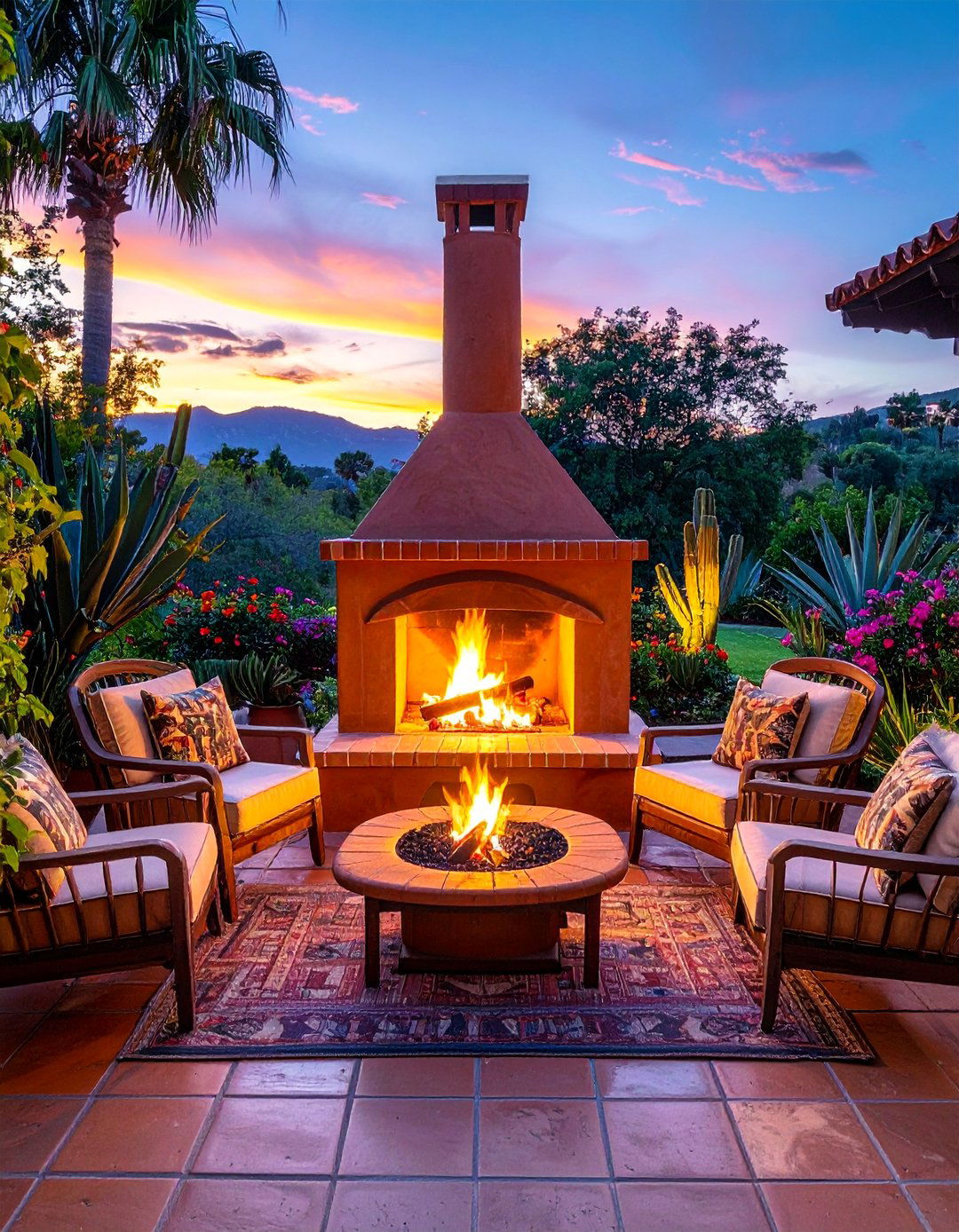 An Outdoor Chiminea Fireplace in a Mexican Garden - 25 Mexican Garden Ideas for a Vibrant Outdoor Space