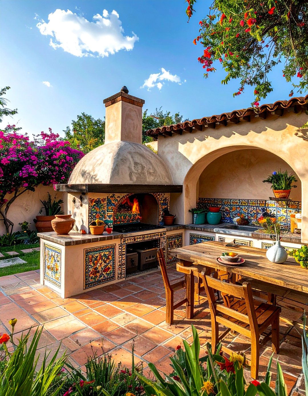 An Outdoor Kitchen with a Cob Oven in a Mexican Garden - 25 Mexican Garden Ideas for a Vibrant Outdoor Space