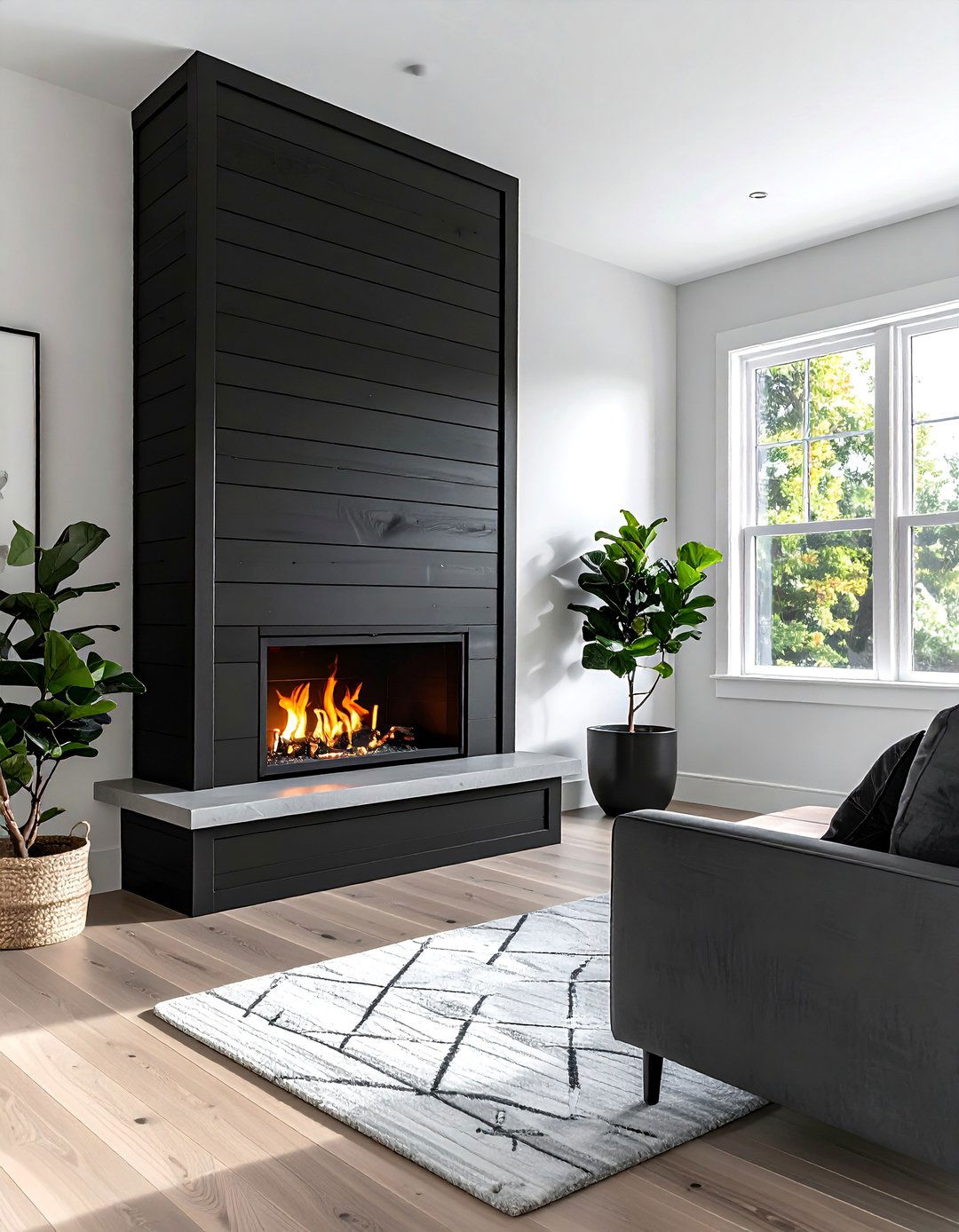 Angled Black Shiplap Fireplace in a Corner - 40 Black Shiplap Fireplace Ideas for a Bold and Cozy Focal Point