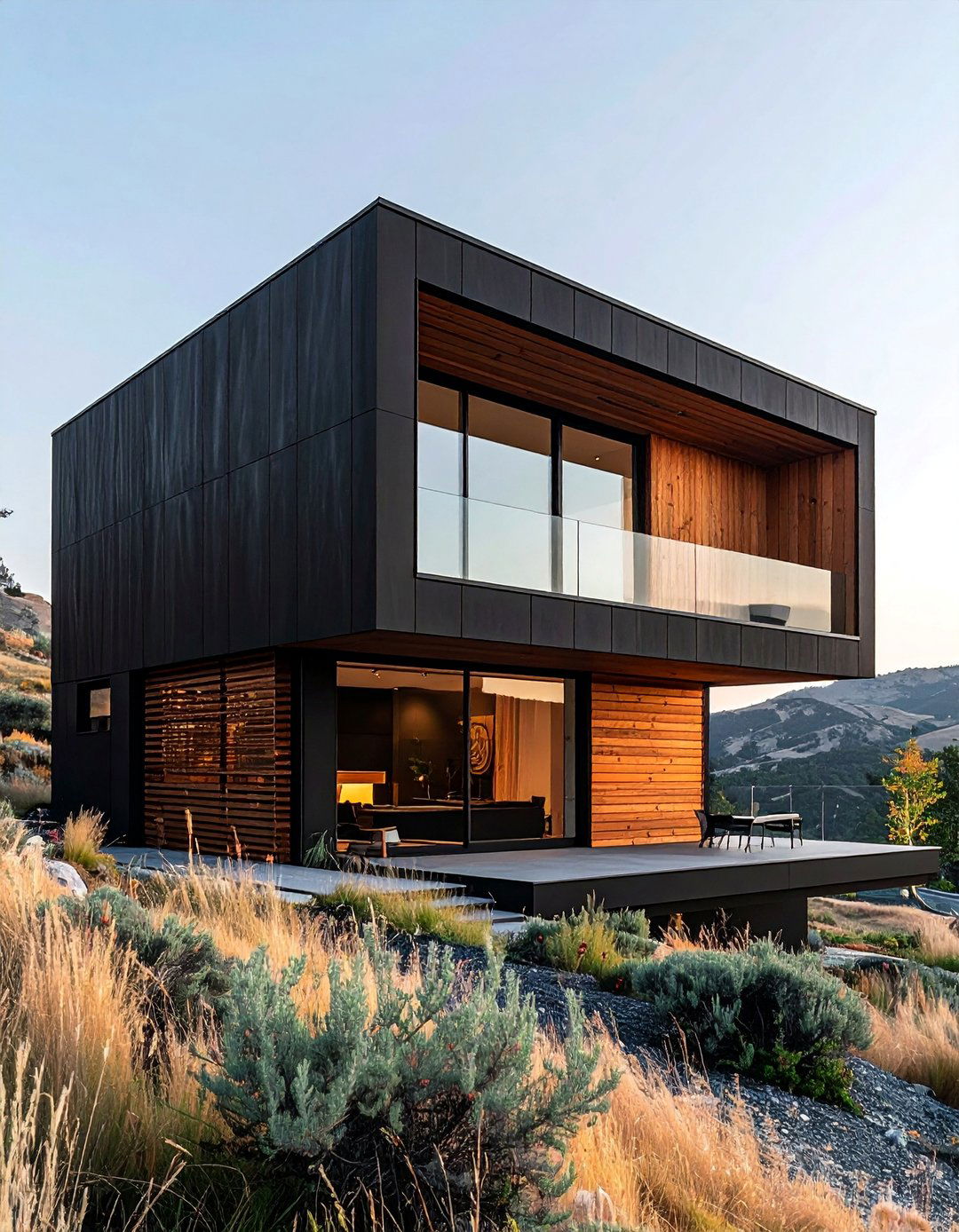 Angular Black House with a Wooden Rain Screen - 20 Black House With Wood Accents Ideas for a Bold Style