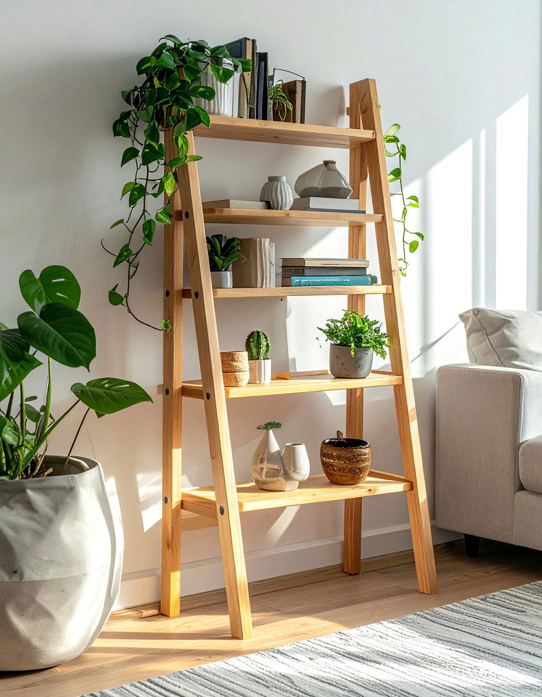 Apartment Decorating with a Leaning Ladder Shelf - 40 Apartment Decorating Ideas to Maximize Small Spaces