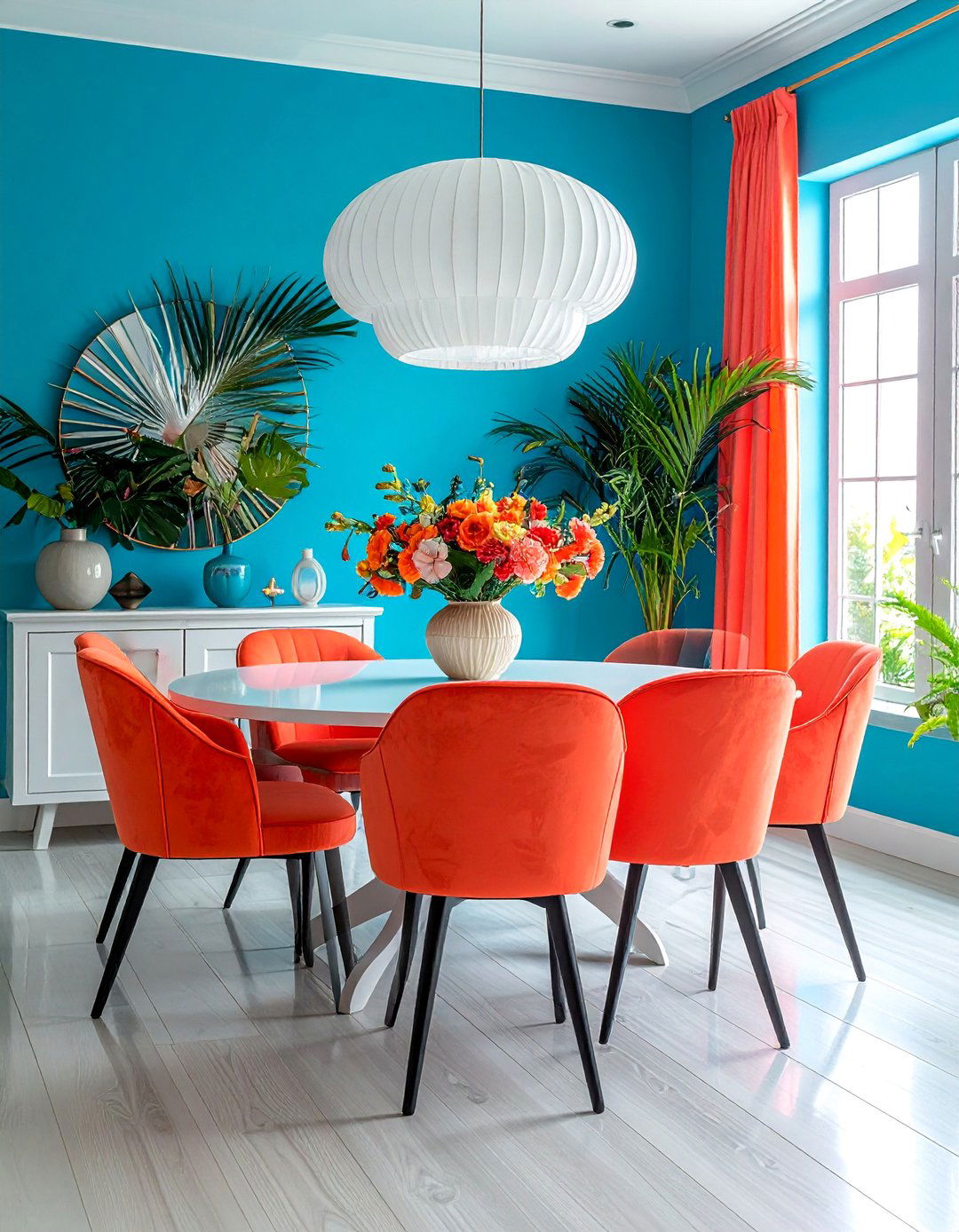 Aqua Blue and Coral Accents - 40 Blue Dining Room Ideas for a Serene Space