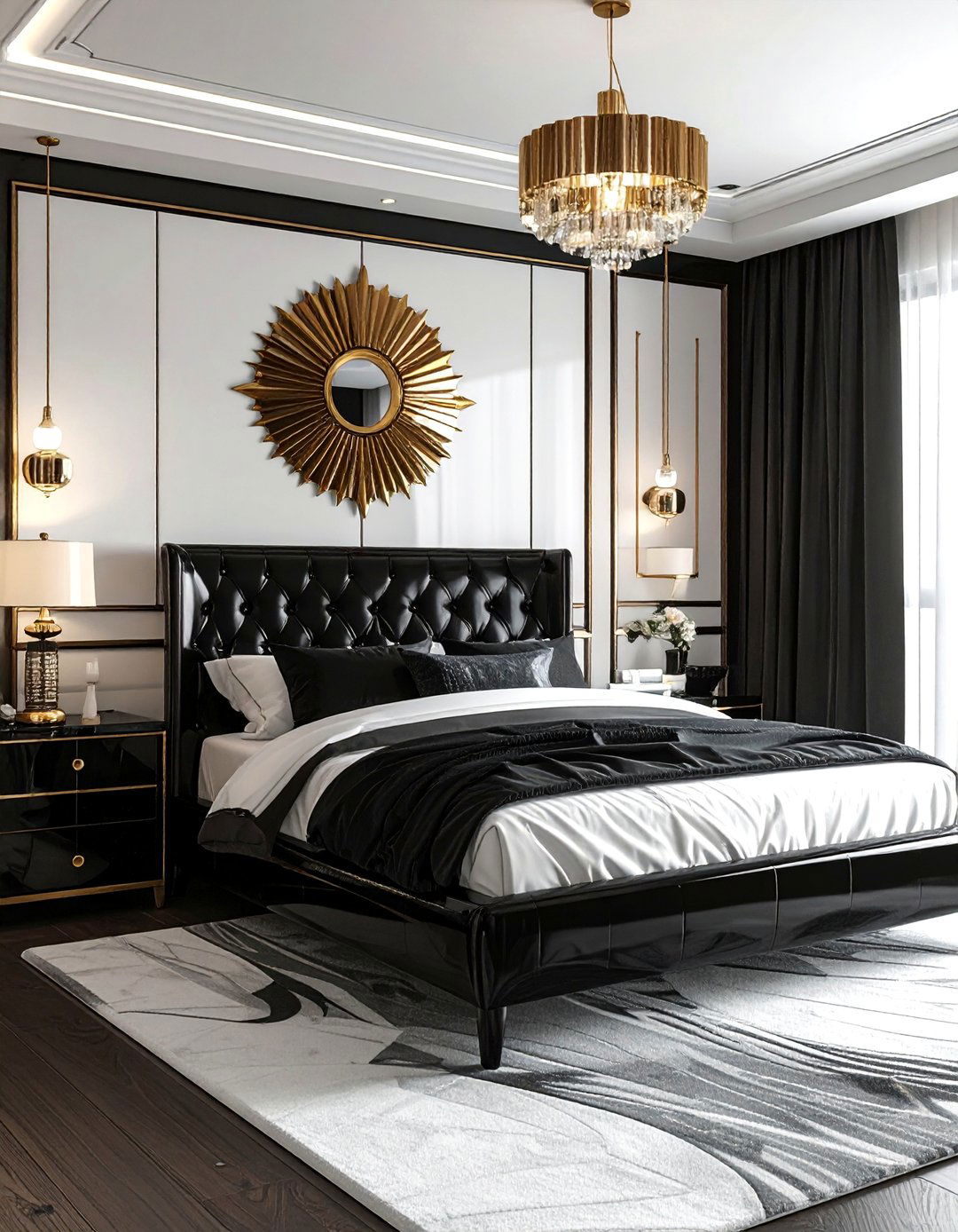 Art Deco Glamour with Gold Accents - 40 Black and White Bedroom Ideas for Elegance