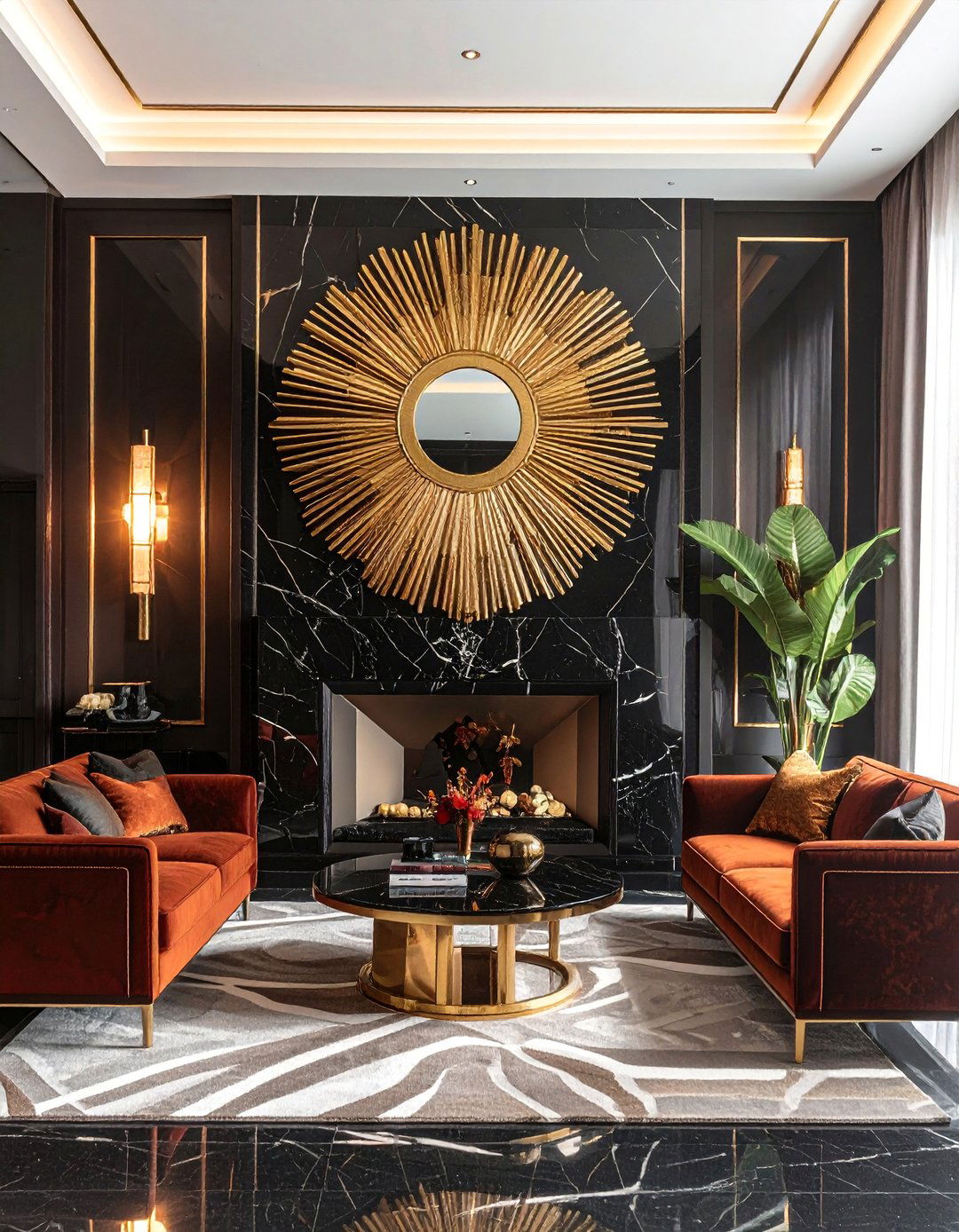 Art Deco Living Room with a Sunburst Mirror - 25 Art Deco Living Room Ideas for a Luxurious Look