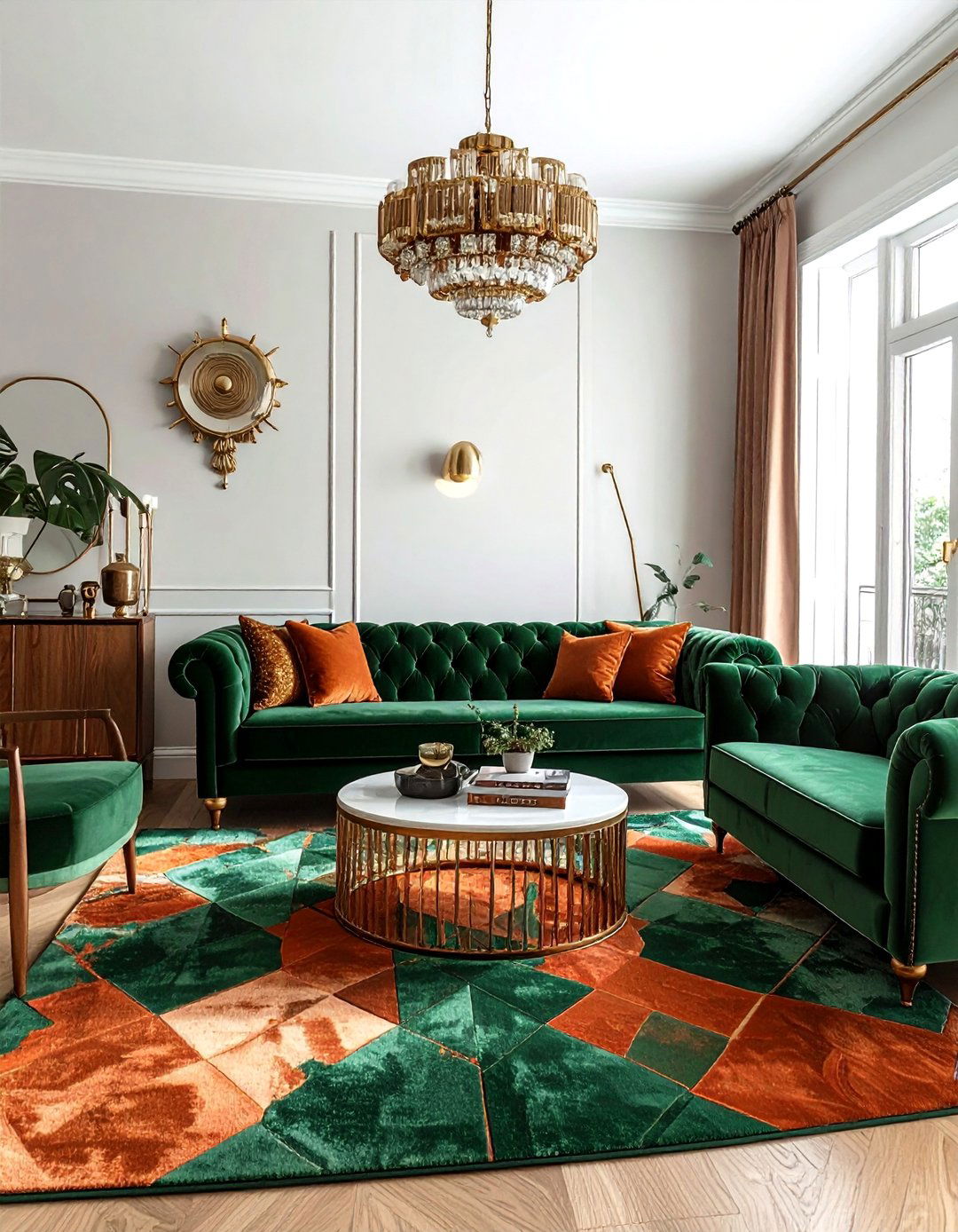 Art Deco Style with Hunter Green and Burnt Terracotta - 20 Green and Terracotta Living Room Ideas for Warmth