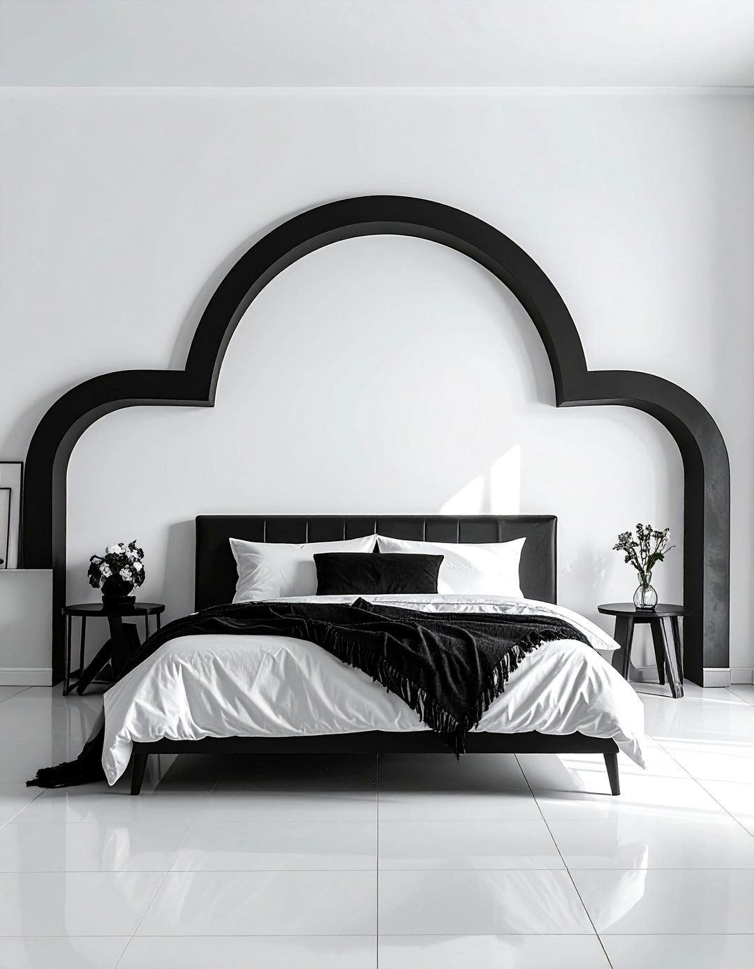 Asymmetrical Black Wall Design - 40 Black and White Bedroom Ideas for Elegance