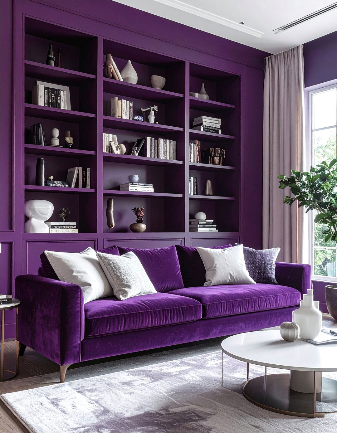 Aubergine Built In Shelving - 25 Purple Living Room Ideas for a Luxurious Vibe