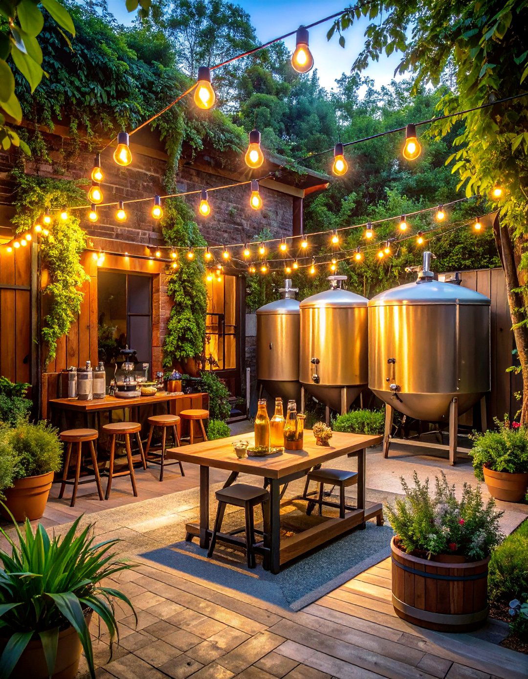 Backyard Brewery Setup - 40 Patio String Light Ideas to Illuminate Your Nights