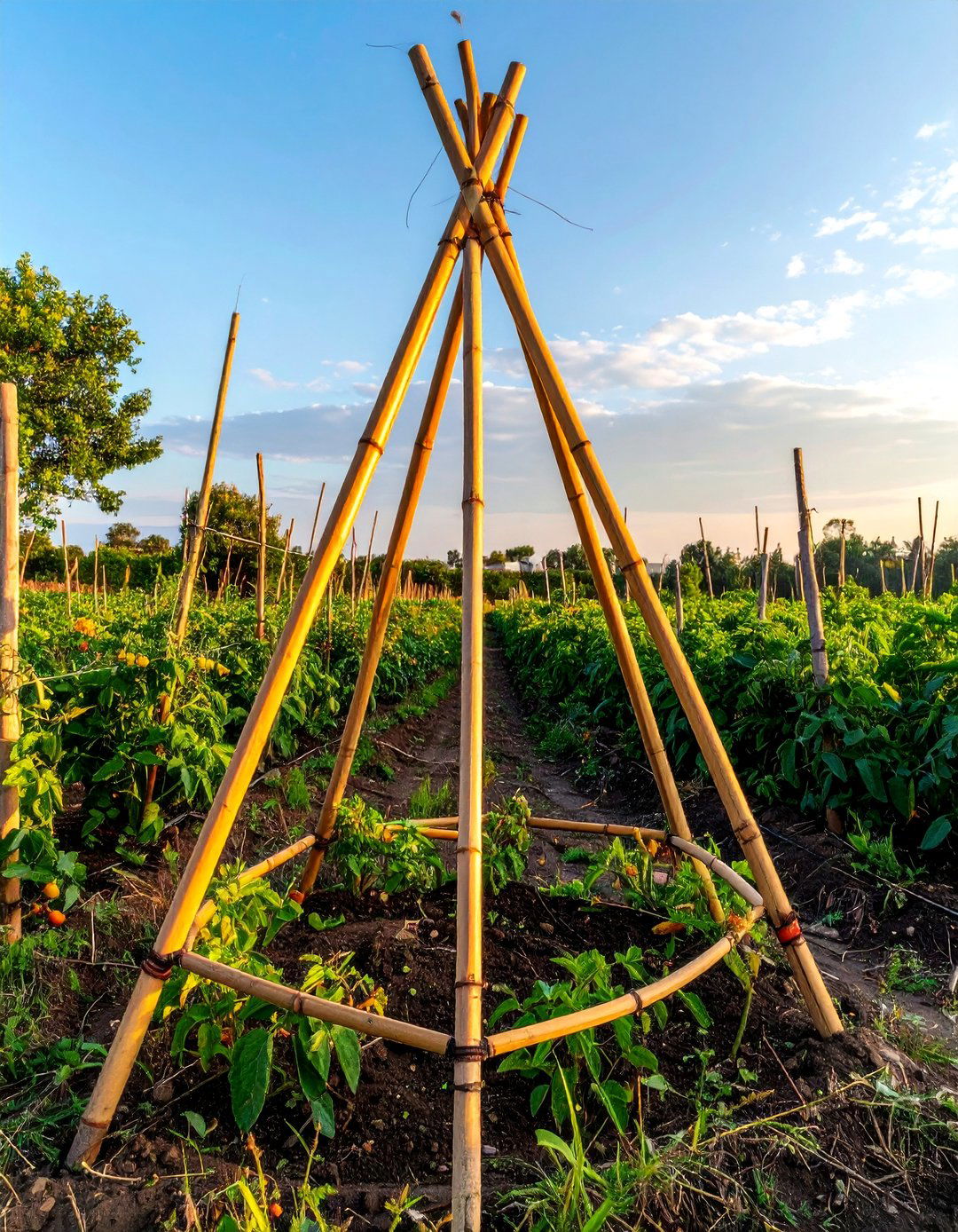 Bamboo Tripod Structure - 30 Tomato Trellis Ideas for Your Vegetable Garden