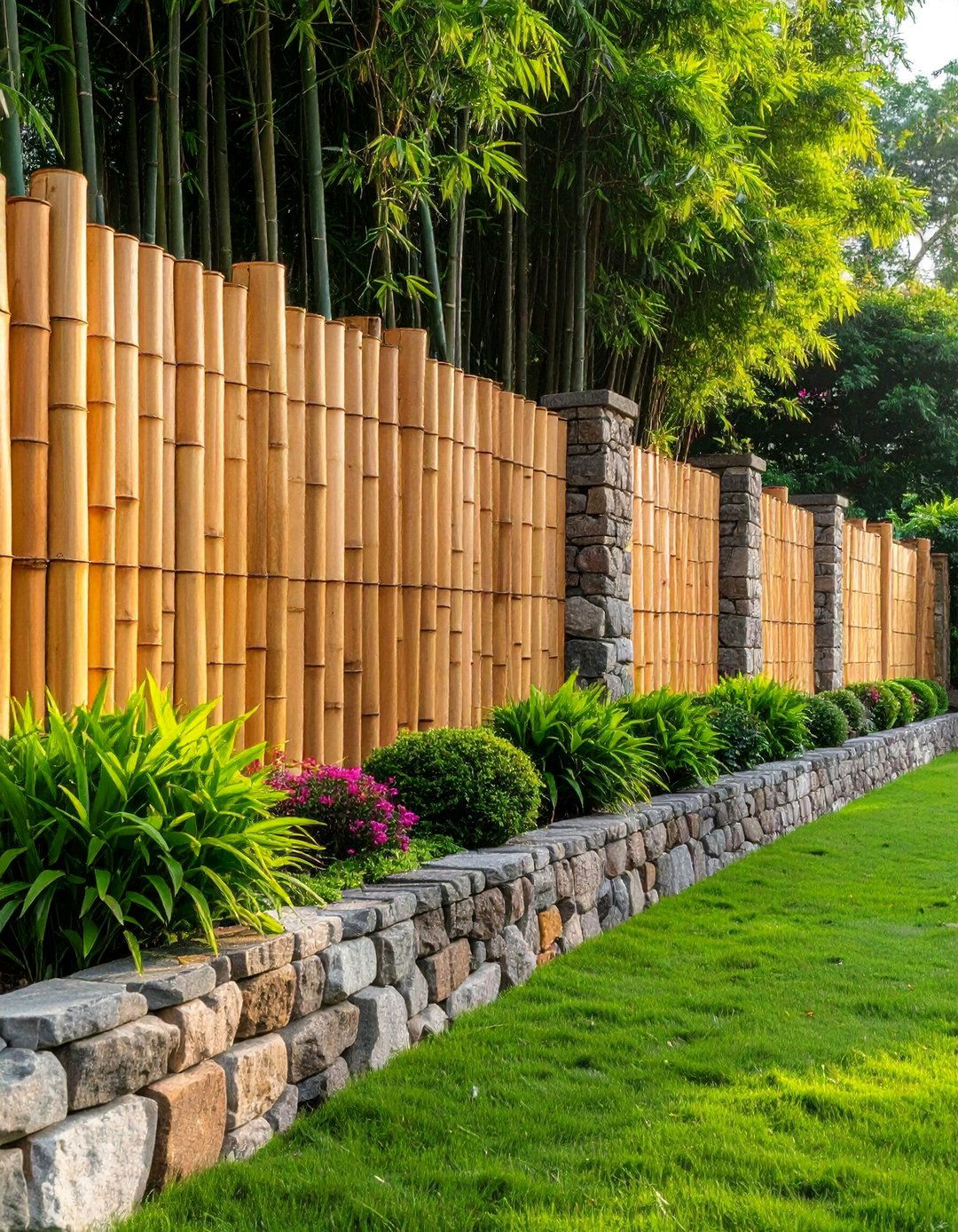 Bamboo and Stone Combination Fence - 40 Japanese Fence Ideas for Serene Gardens