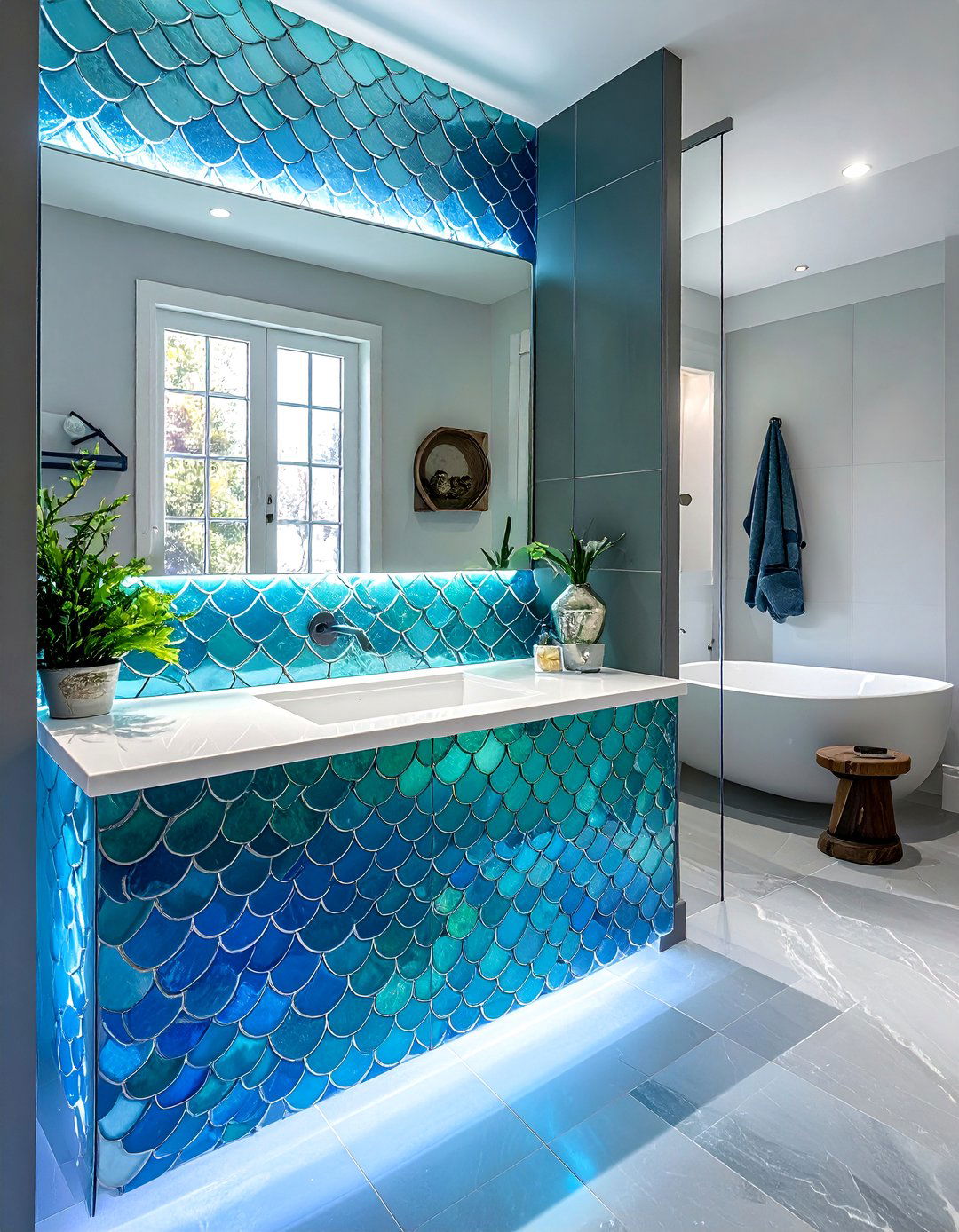 Bathroom Vanity with Ocean Blue Tiles - 20 Mermaid Room Ideas for a Magical Space