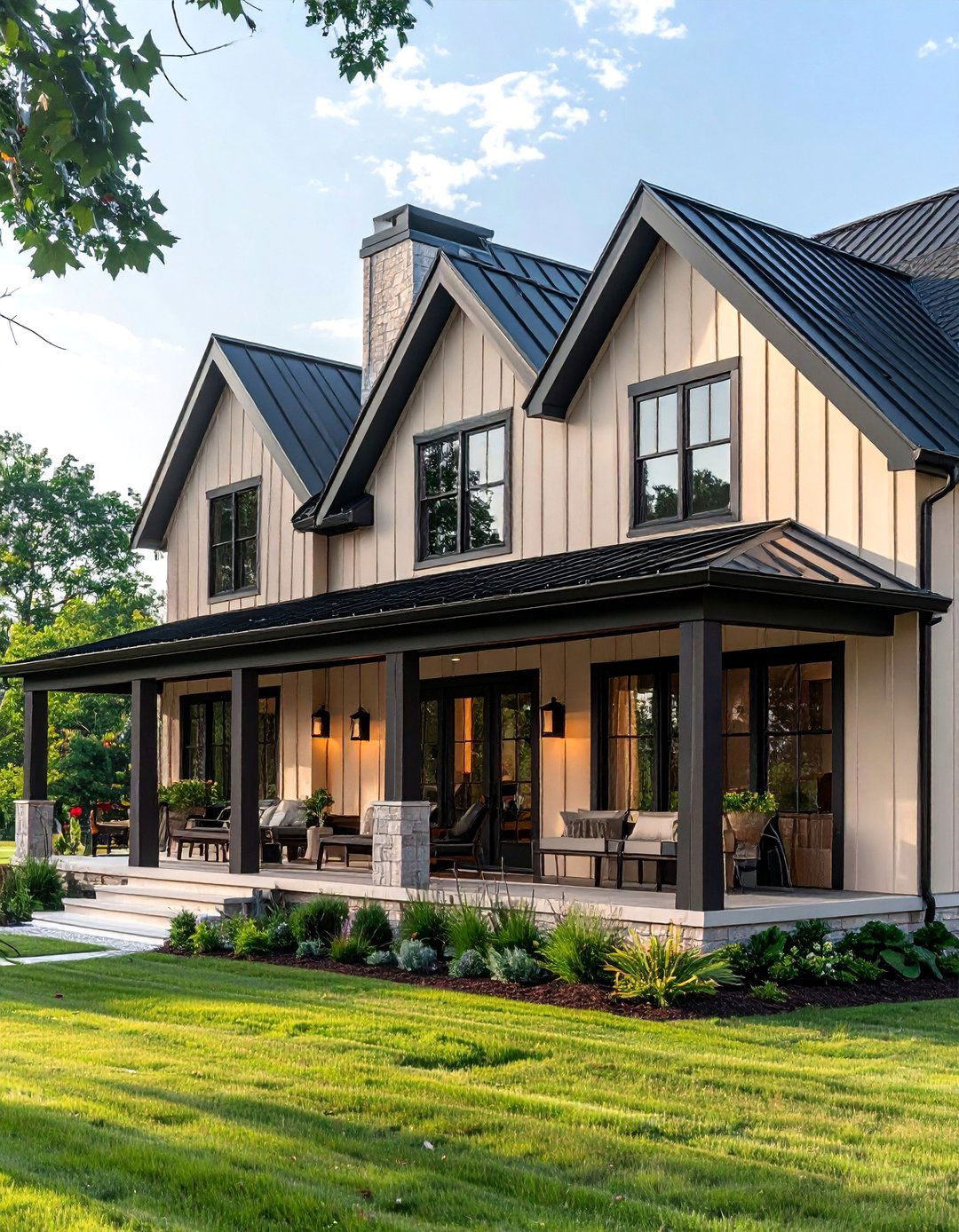 Beige Board and Batten with Black Metal Awnings - 30 Beige and Black House Exterior Ideas for Curb Appeal