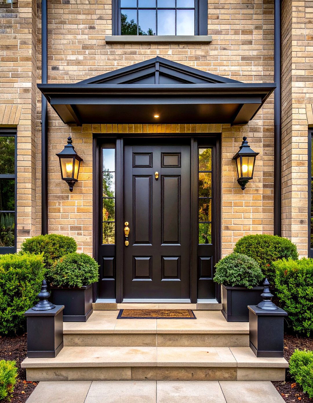 Beige Brick Exterior with a Black Front Door - 30 Beige and Black House Exterior Ideas for Curb Appeal