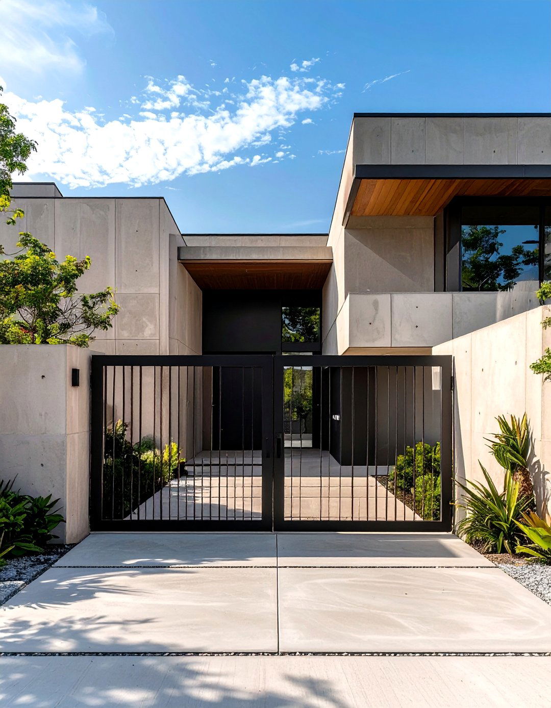 Beige Concrete Walls with Black Metal Gates - 30 Beige and Black House Exterior Ideas for Curb Appeal