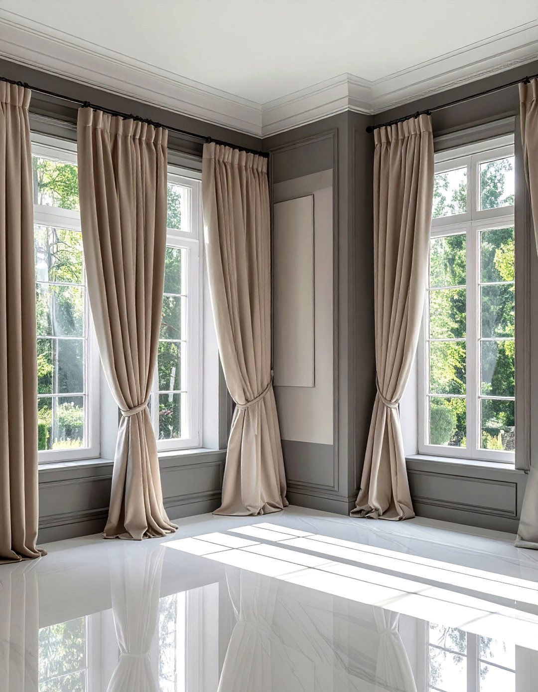 Beige Curtains Framing Grey Trimmed Windows - 30 Grey and Beige Living Room Ideas for Warmth