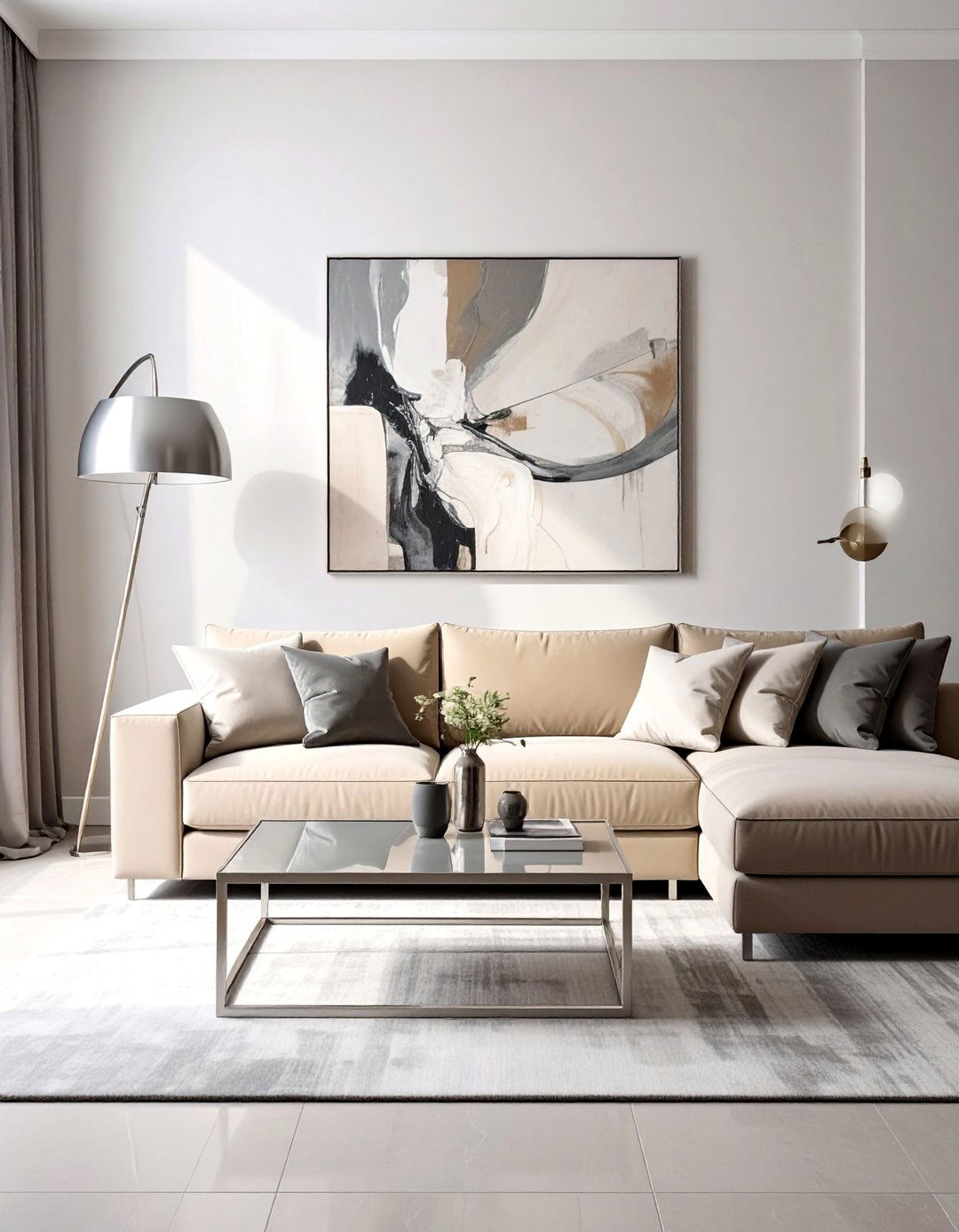 Beige Furniture Accented with Grey Metallic Finishes - 30 Grey and Beige Living Room Ideas for Warmth