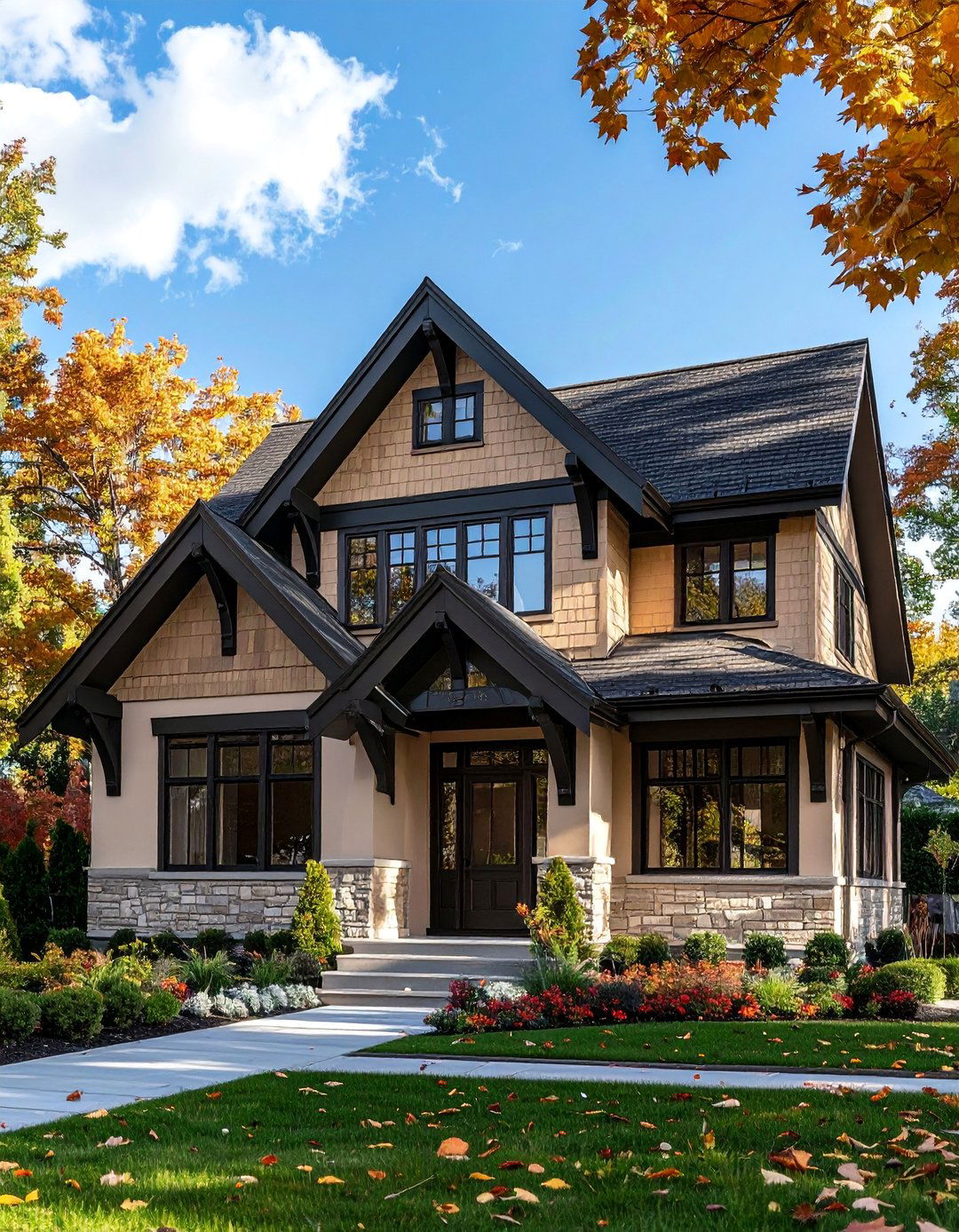 Beige Gables with Black Roof Brackets - 30 Beige and Black House Exterior Ideas for Curb Appeal