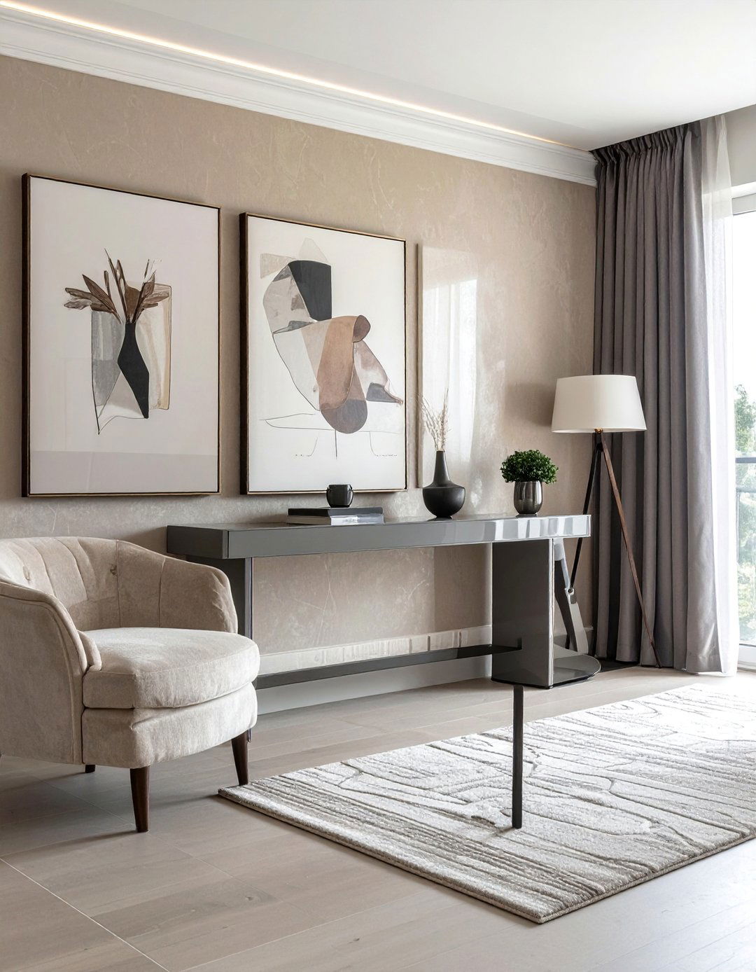 Beige Grasscloth Wallpaper and a Grey Console Table - 30 Grey and Beige Living Room Ideas for Warmth