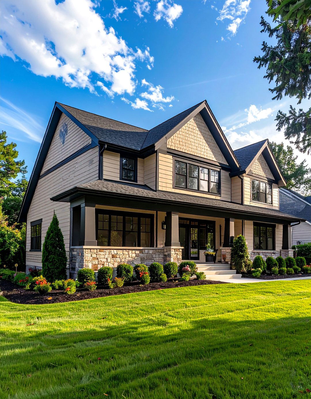 Beige James Hardie Siding with Black Gutters - 30 Beige and Black House Exterior Ideas for Curb Appeal