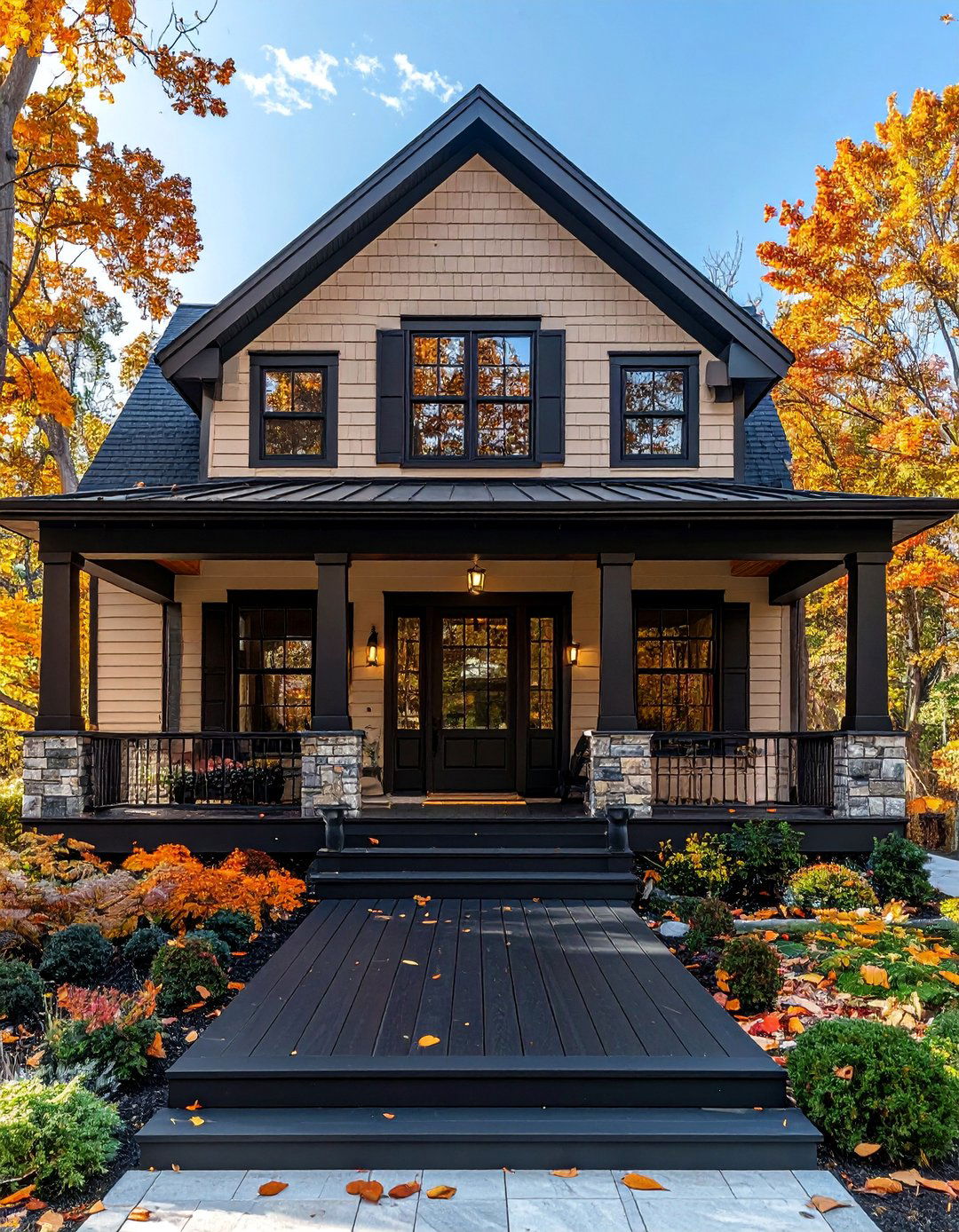 Beige Lap Siding with a Black Porch Floor and Ceiling - 30 Beige and Black House Exterior Ideas for Curb Appeal