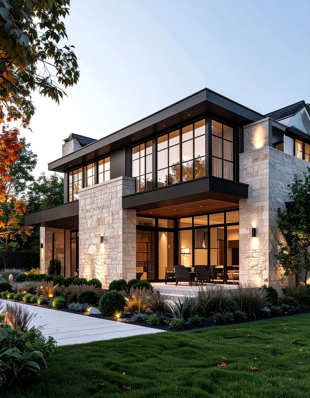 Beige Limestone Exterior with Black Framed Clerestory Windows - 30 Beige and Black House Exterior Ideas for Curb Appeal
