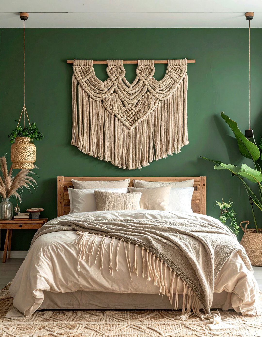 Beige Macrame Wall Hangings on a Green Wall - 30 Green and Beige Bedroom Ideas for Serenity