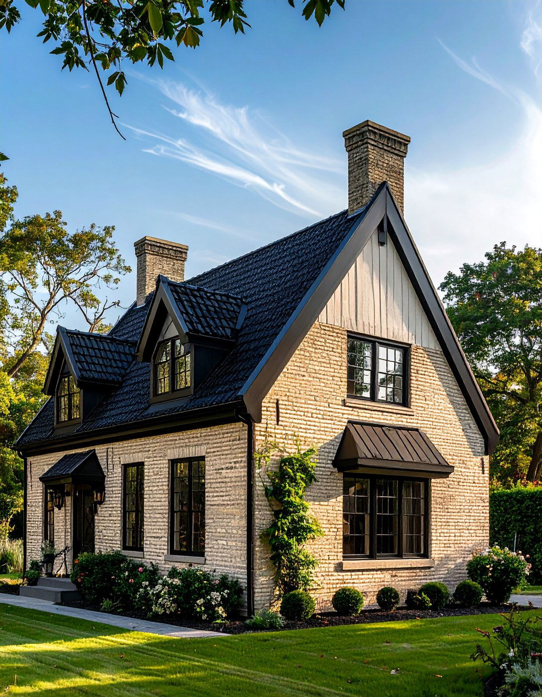 Beige Painted Brick with a Black Gambrel Roof - 30 Beige and Black House Exterior Ideas for Curb Appeal