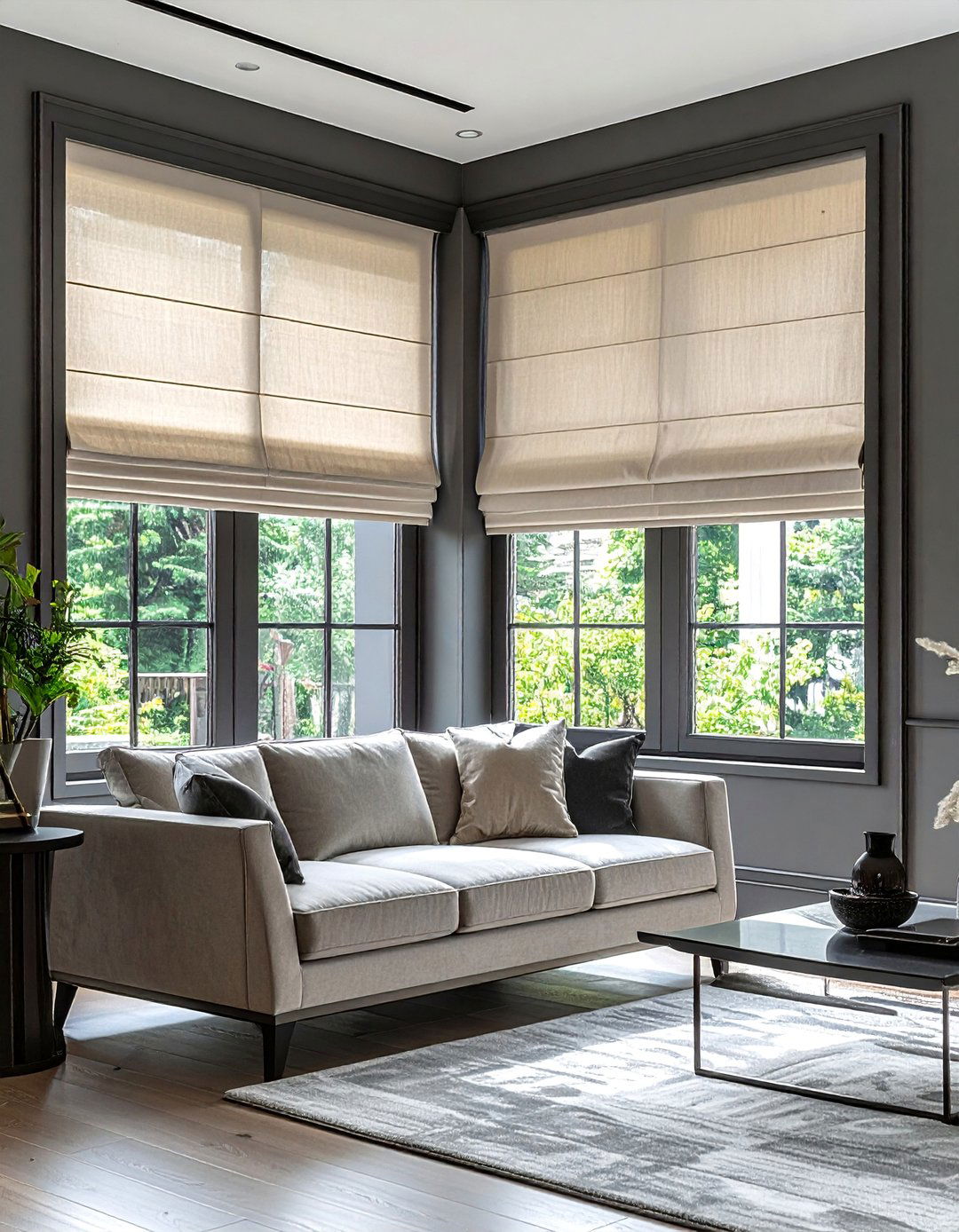 Beige Roman Shades on Grey Window Frames - 30 Grey and Beige Living Room Ideas for Warmth