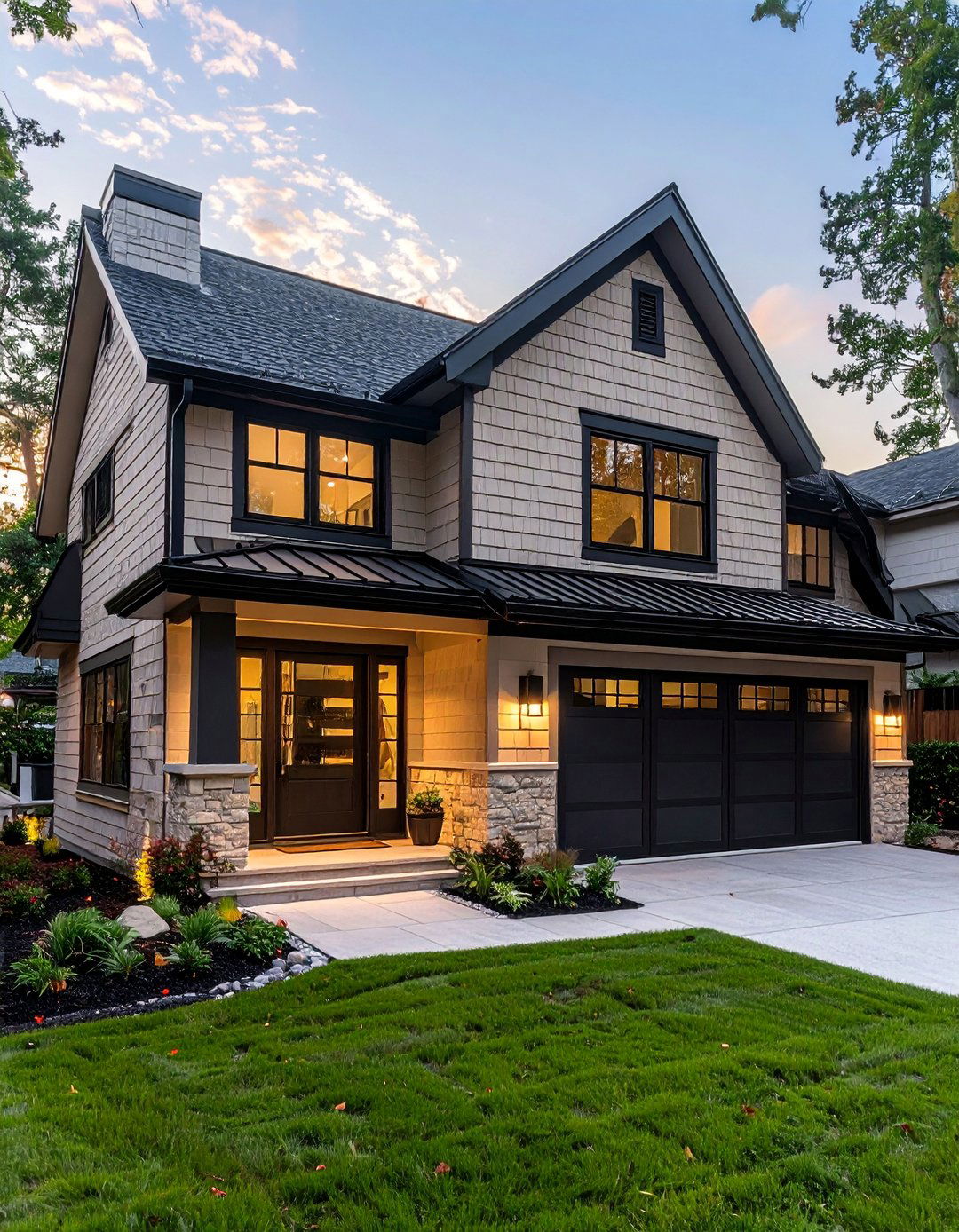 Beige Shake Shingles with Black Exterior Light Fixtures - 30 Beige and Black House Exterior Ideas for Curb Appeal