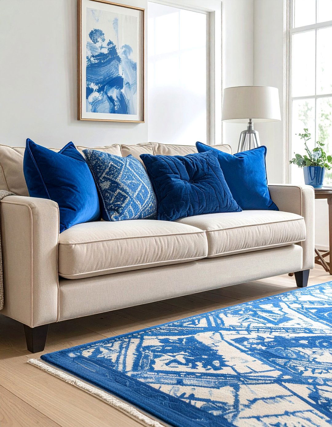Beige Sofa with Blue Throw Pillows and Rug - 20 Blue and Beige Living Room Ideas for a Calm Space