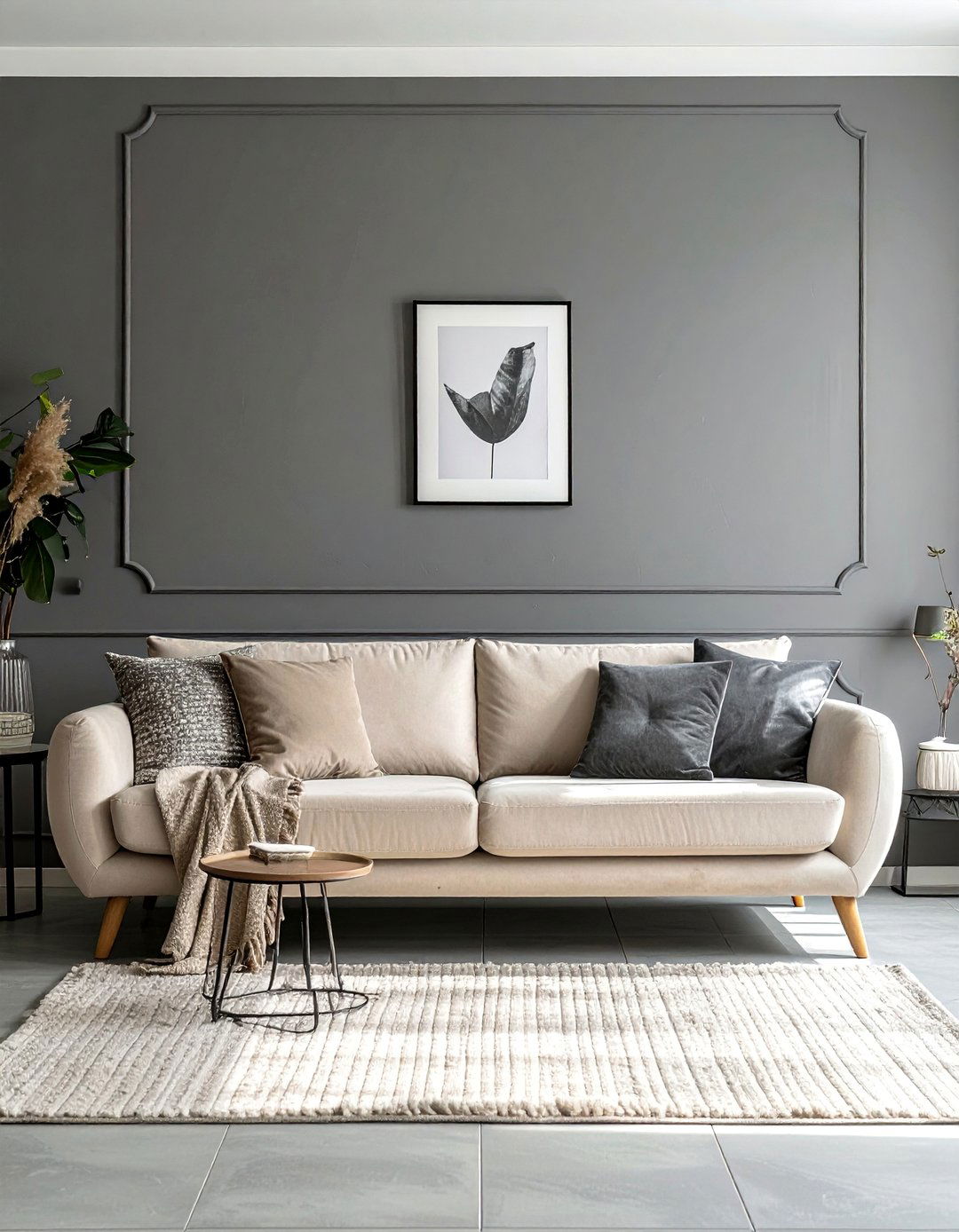 Beige Sofa with Charcoal Grey Accent Wall - 30 Grey and Beige Living Room Ideas for Warmth