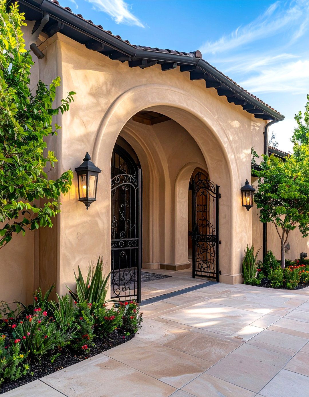 Beige Stucco Archways with Black Iron Gates - 30 Beige and Black House Exterior Ideas for Curb Appeal
