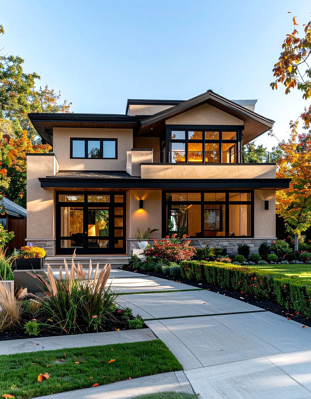 Beige Stucco with Black Window Frames - 30 Beige and Black House Exterior Ideas for Curb Appeal