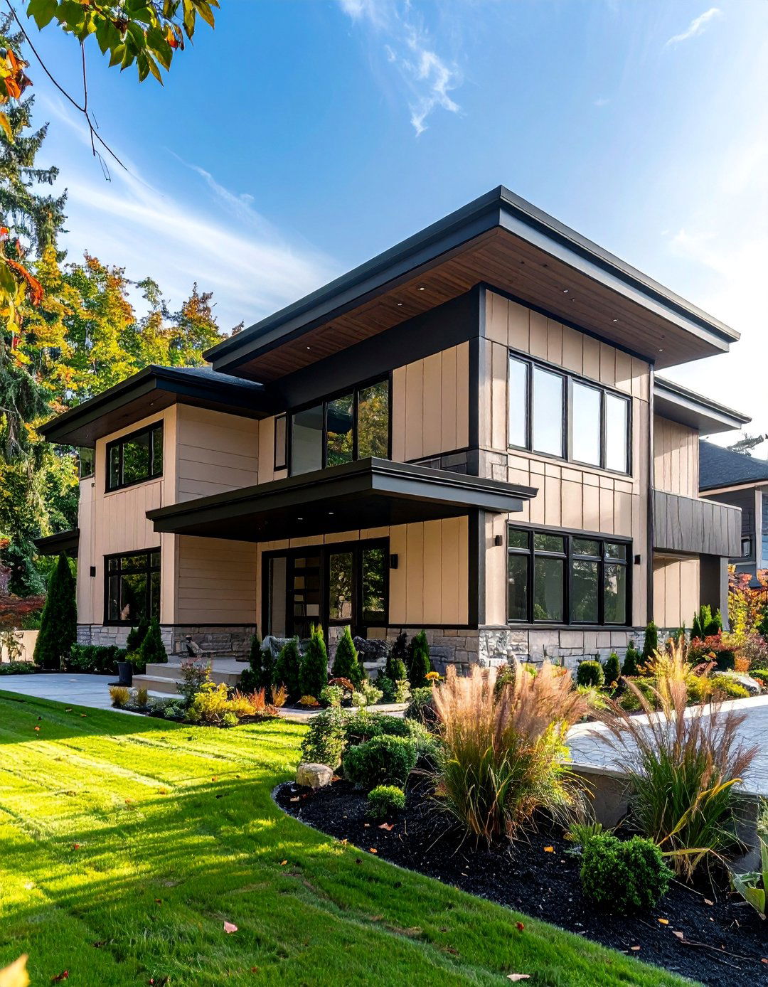 Beige Vertical Siding with a Black Roof Overhang - 30 Beige and Black House Exterior Ideas for Curb Appeal