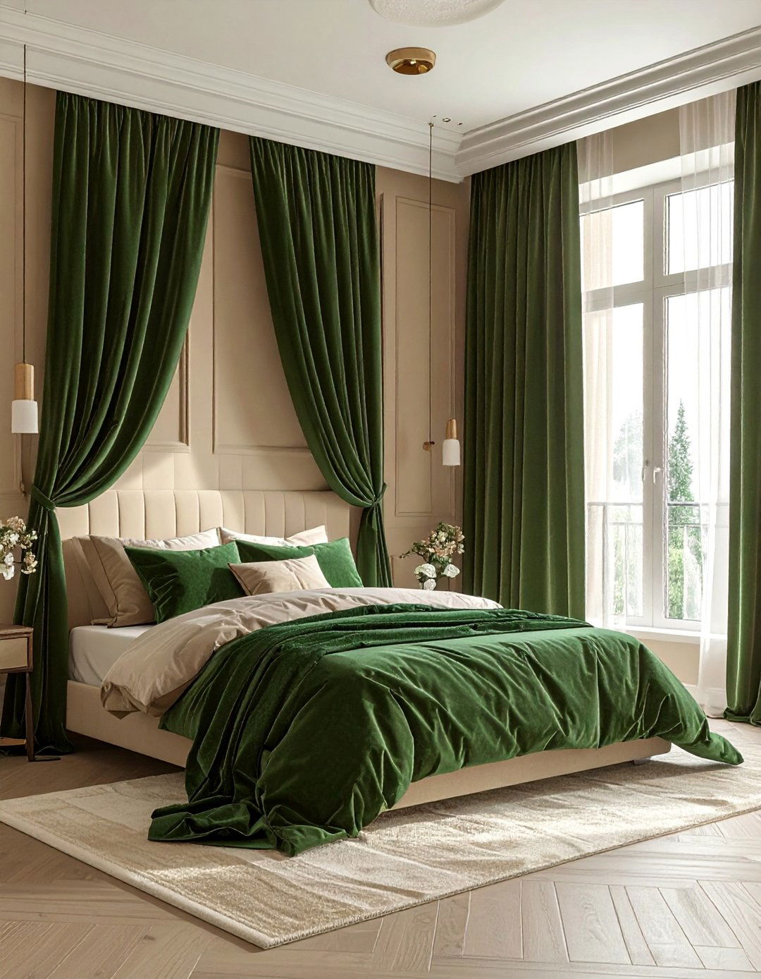 Beige Walls with Hunter Green Curtains - 30 Green and Beige Bedroom Ideas for Serenity
