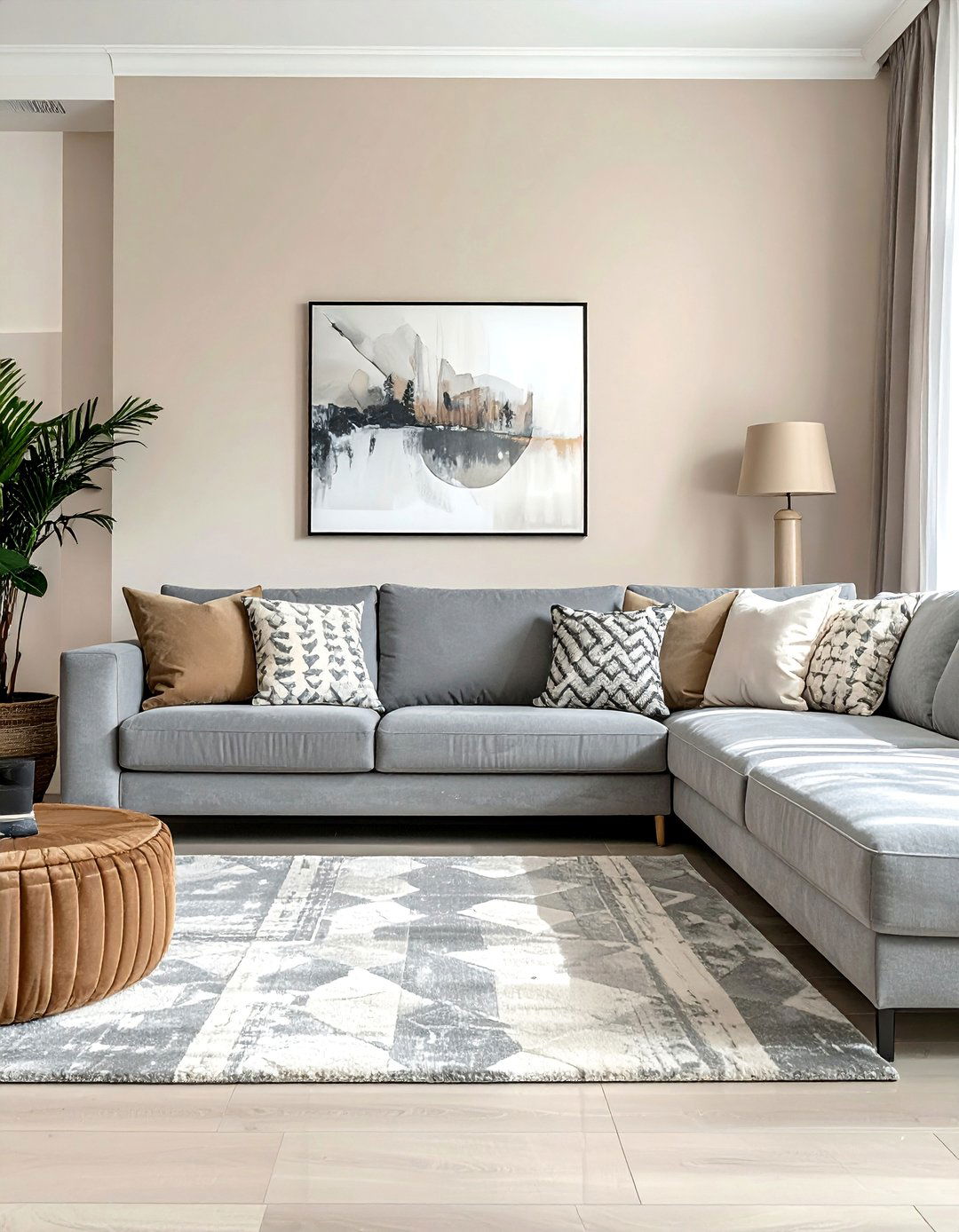 Beige Walls with a Plush Grey Sectional - 30 Grey and Beige Living Room Ideas for Warmth