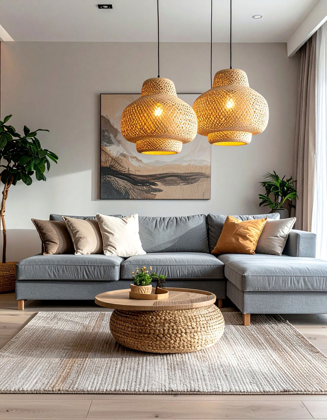 Beige Woven Pendants Over a Grey Seating Area - 30 Grey and Beige Living Room Ideas for Warmth