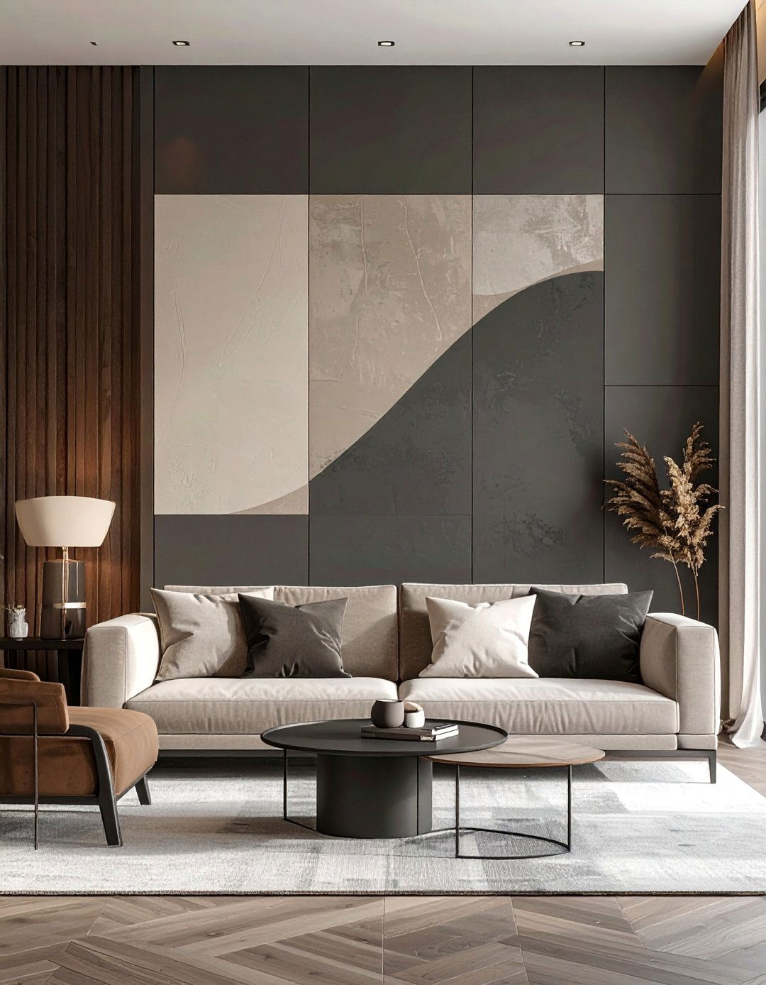 Beige and Grey Color Block Wall - 30 Grey and Beige Living Room Ideas for Warmth