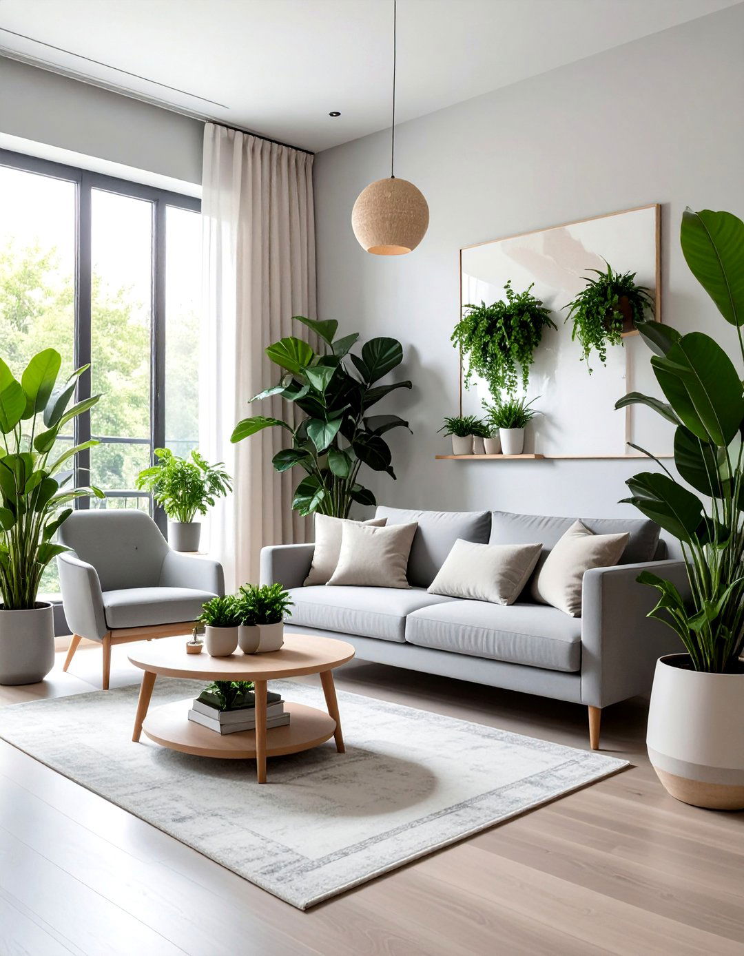 Biophilic Design with Grey Pots and Cream Accents - 30 Grey and Cream Living Room Ideas for Elegance