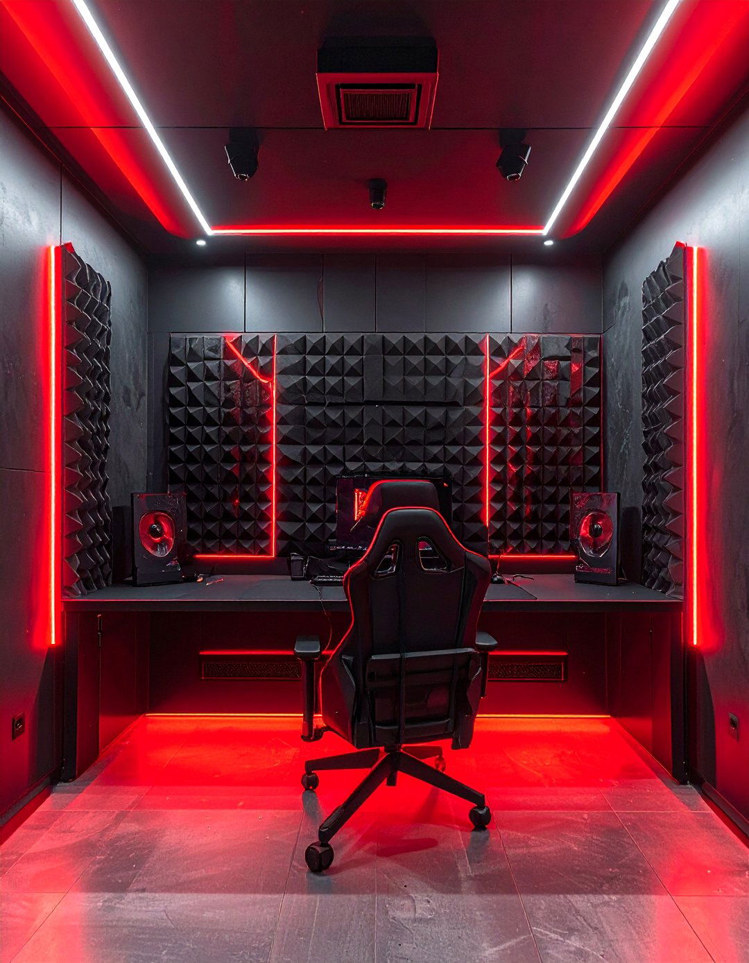 Black Acoustic Foam with Red LED Gaming Setup - 20 Red and Black Gaming Setup Ideas for Gamers