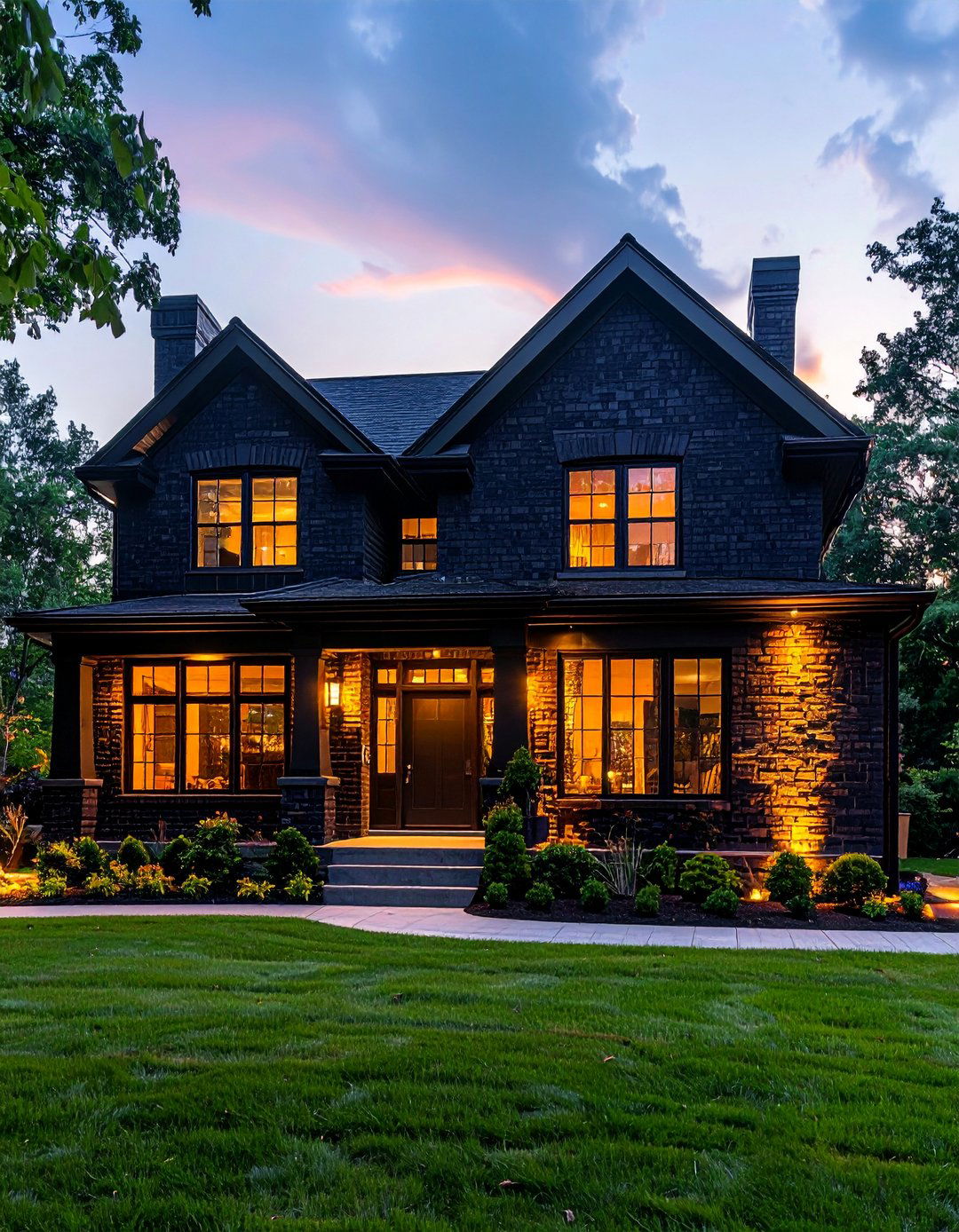 Black Brick House with Exterior Lighting Accents - 40 Black Brick House Exteriors for a Timeless and Elegant Look